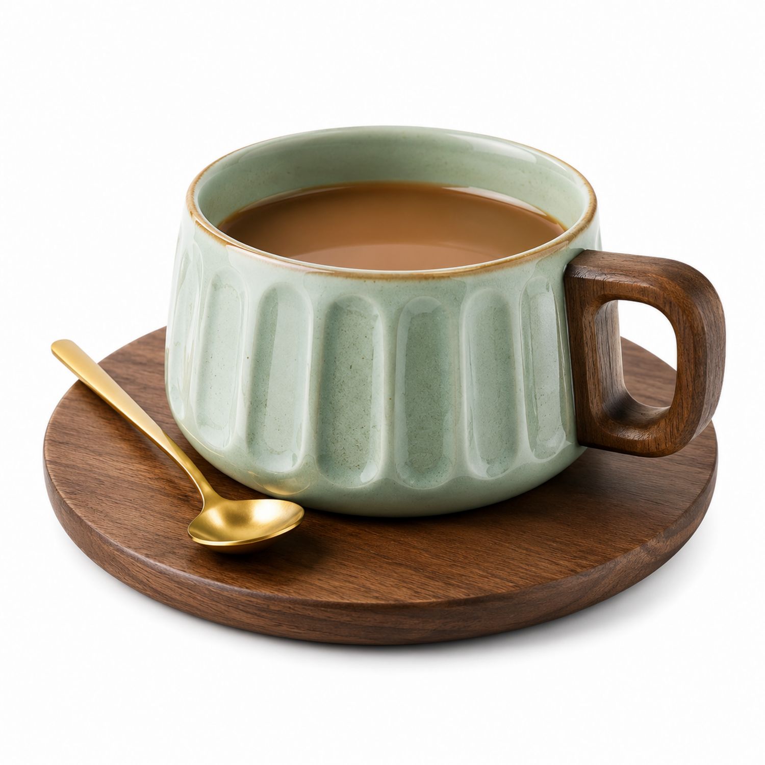 Taza de Cerámica Verde Pastel con Plato de Madera y Cuchara Dorada