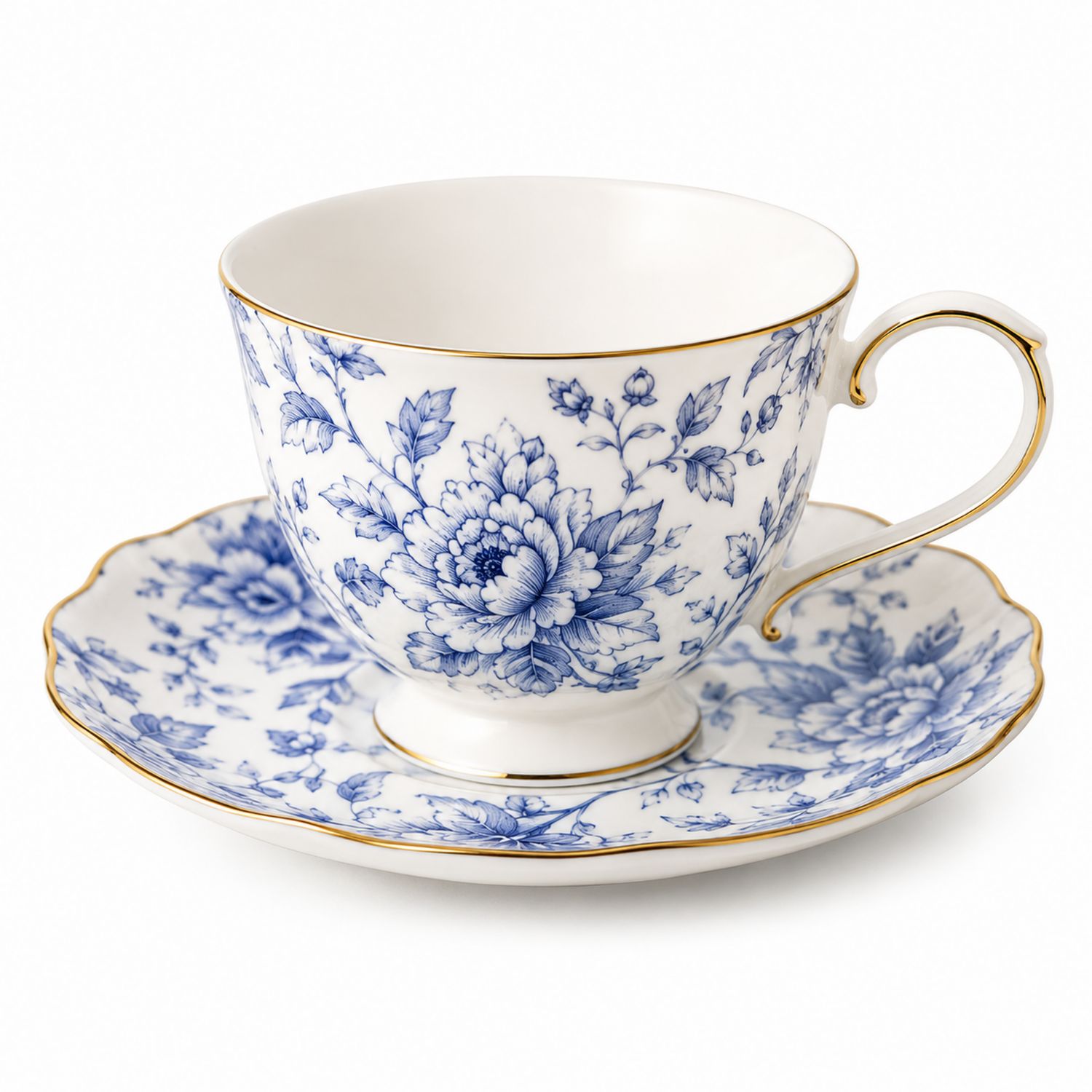 Taza de Té de Porcelana Azul y Blanca con Detalles Dorados