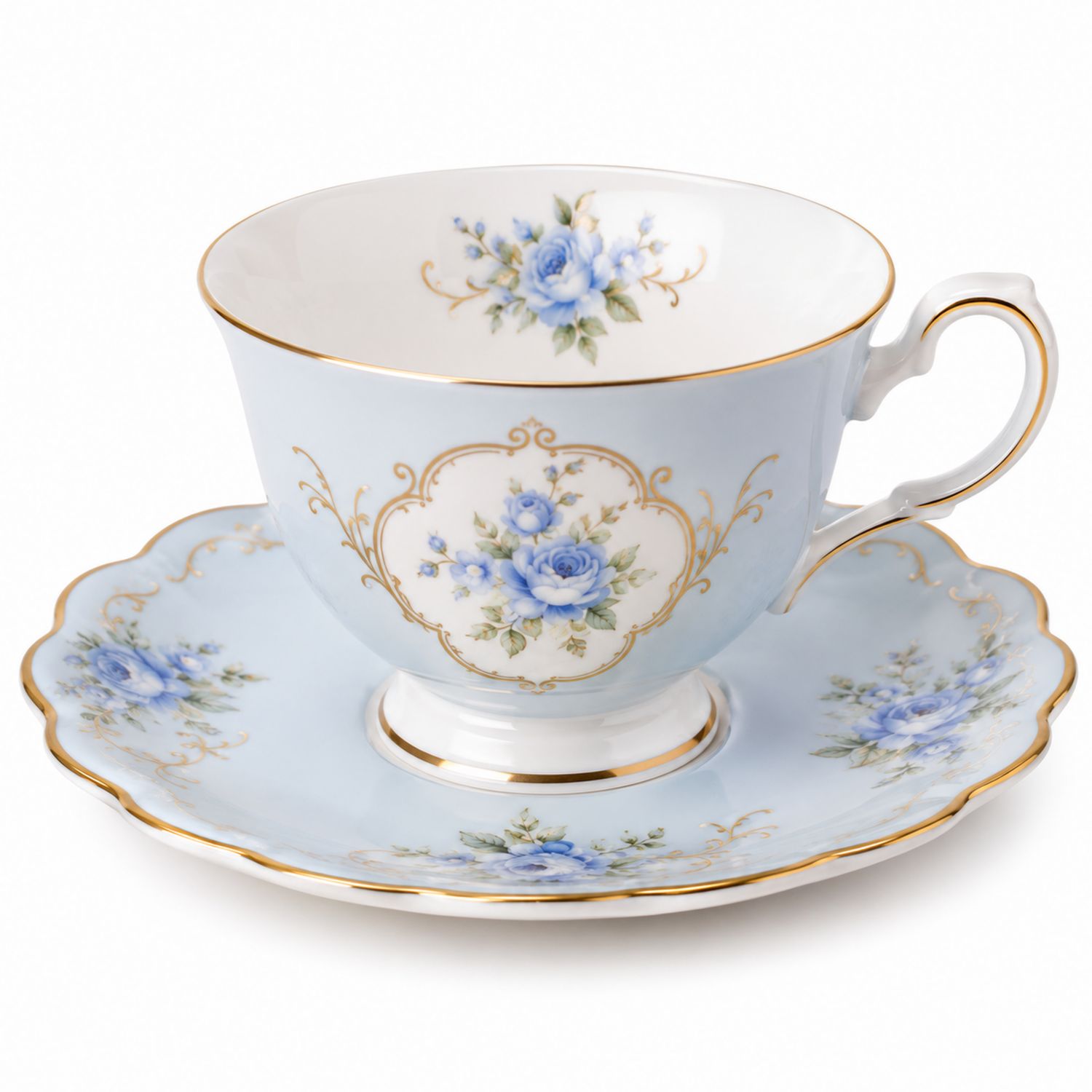 Taza de Porcelana Azul con Flores Azules y Detalles Dorados