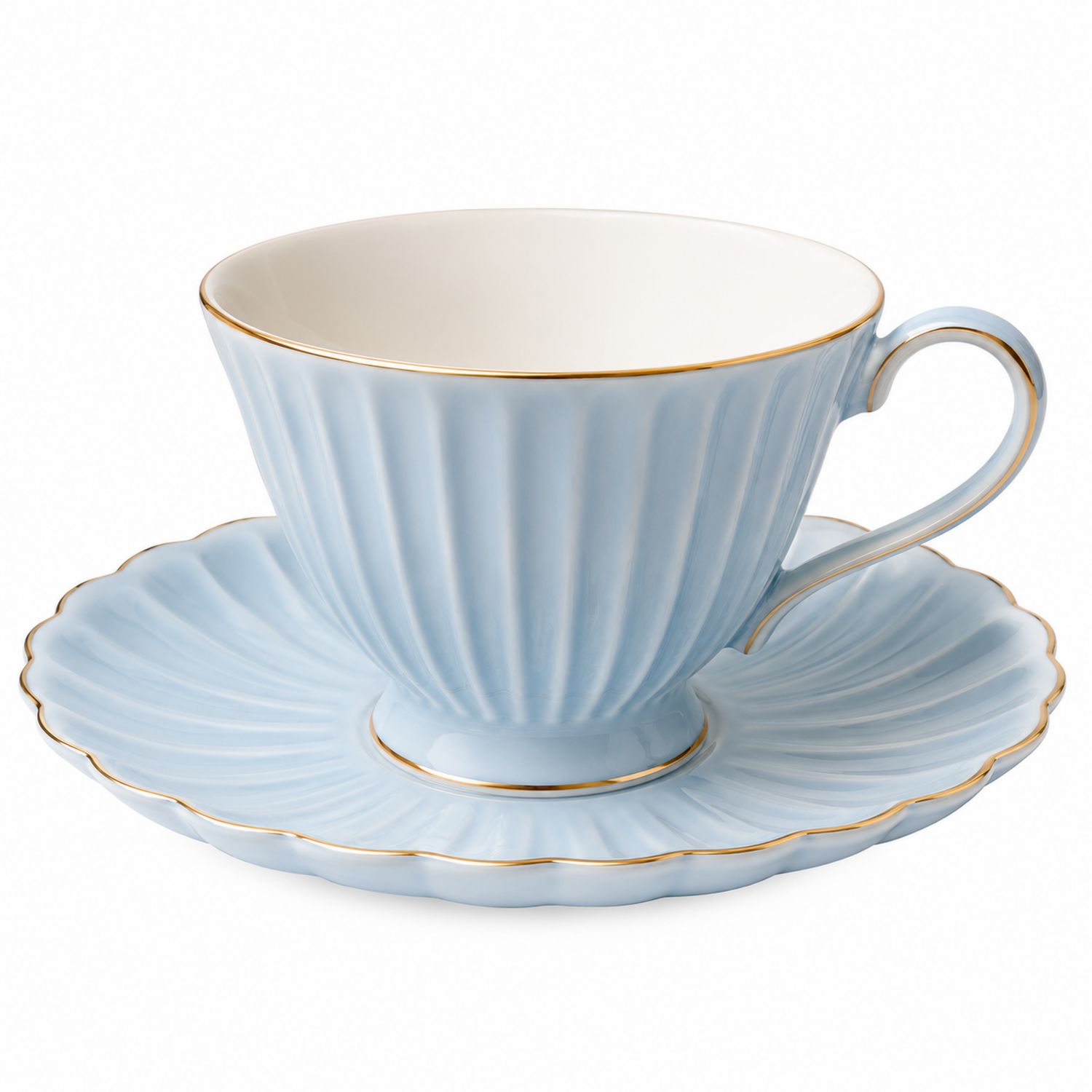 Taza de Té Azul con Detalles Dorados y Plato