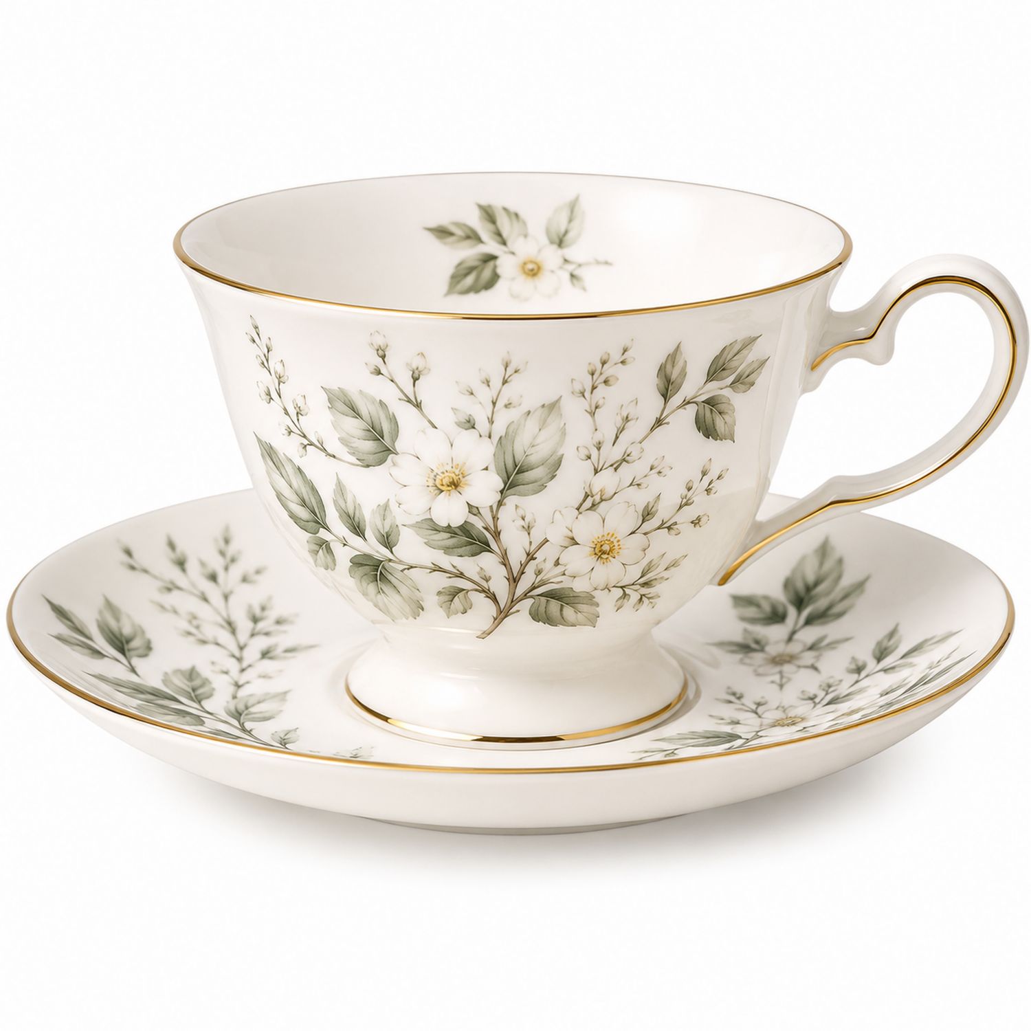 Taza de Porcelana con Platillo Motivos Florales y Borde Dorado