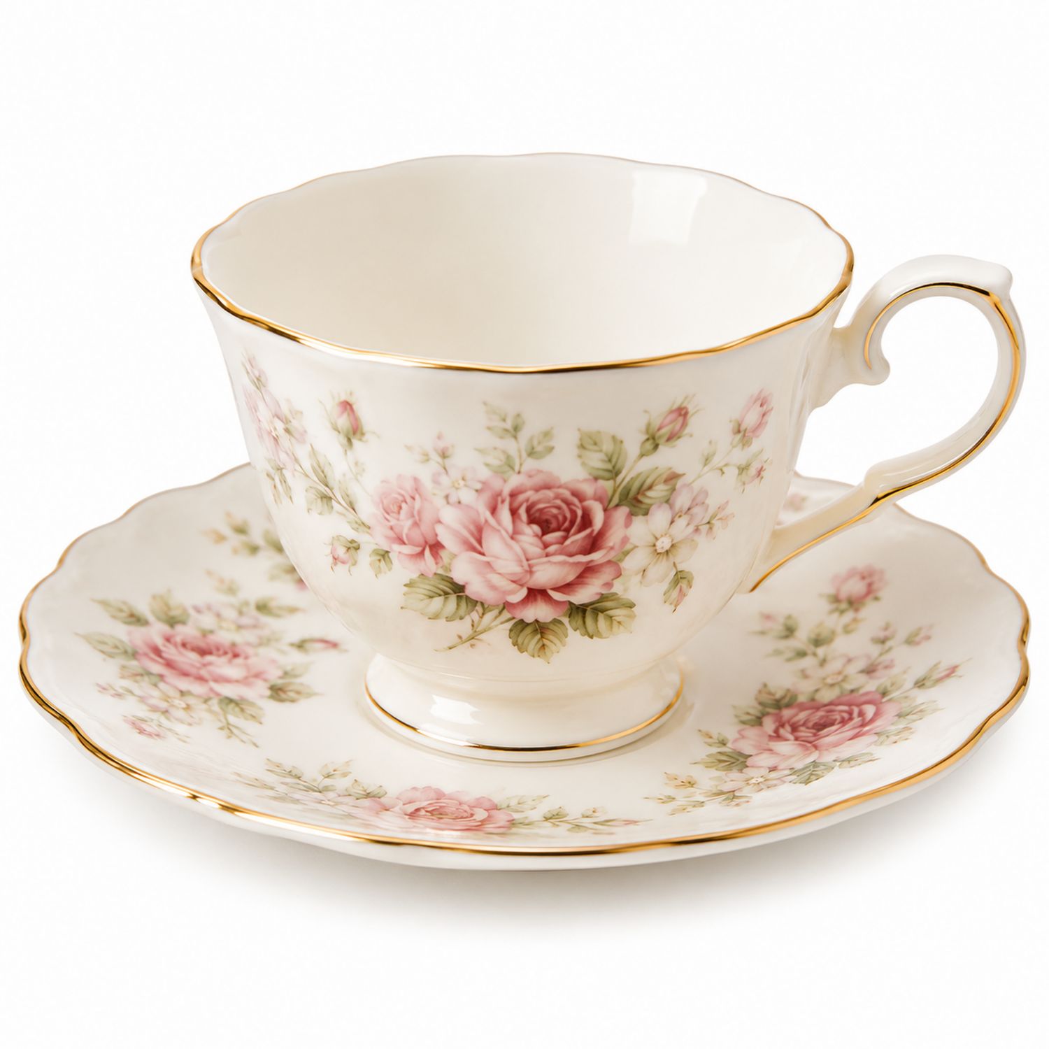 Juego de Taza de Porcelana con Diseño Floral Rosa y Blanco con Detalles Dorados