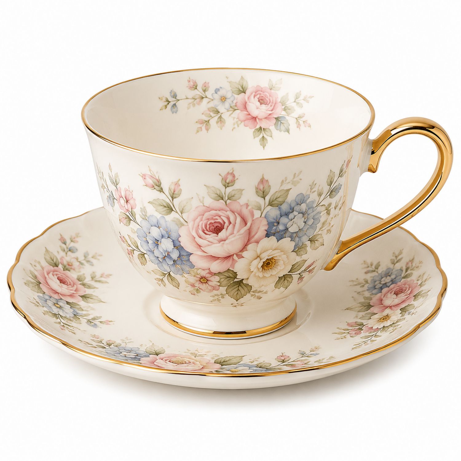 Taza y Platillo de Porcelana con Diseño Floral y Acabado Dorado