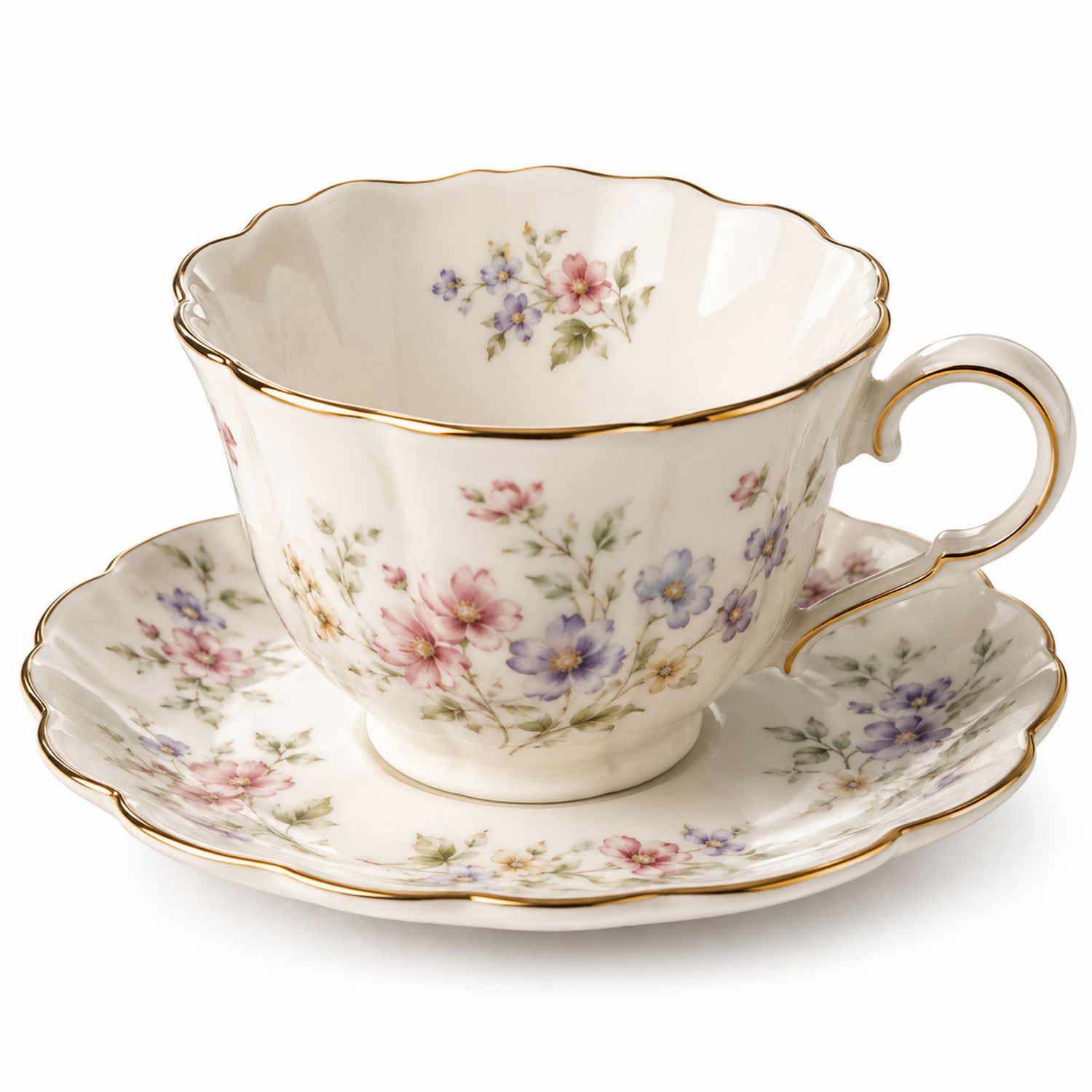 Taza de Té y Platillo Floral con Borde Dorado