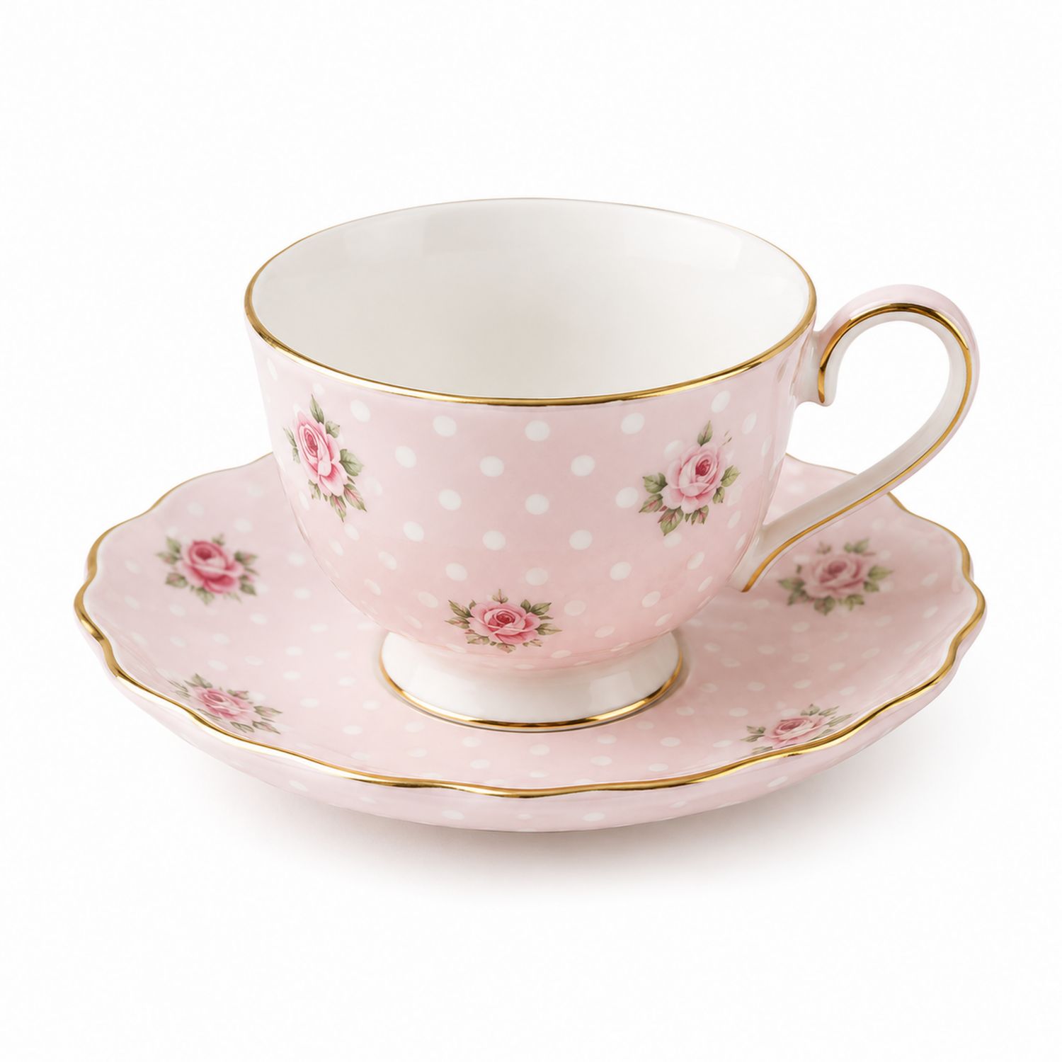 Taza de Té de Porcelana Rosa con Flores y Lunares