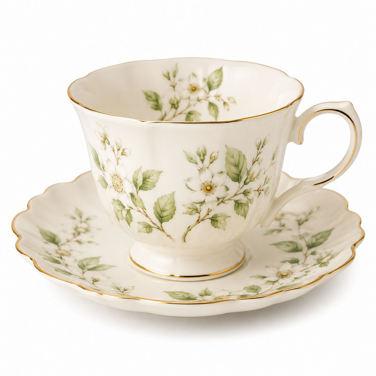 Taza de Té con Platillo de Porcelana con Motivos Florales