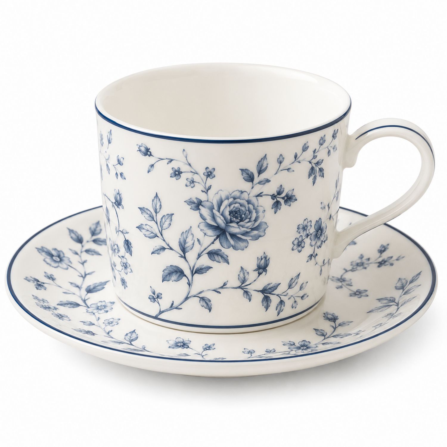 Taza de Porcelana Estilo Clásico con Platillo, Diseño Floral Azul