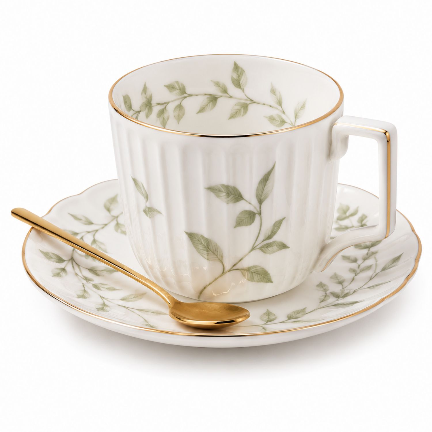 Taza de Porcelana con Platillo y Cuchara Decoración Hojas Verdes y Dorado