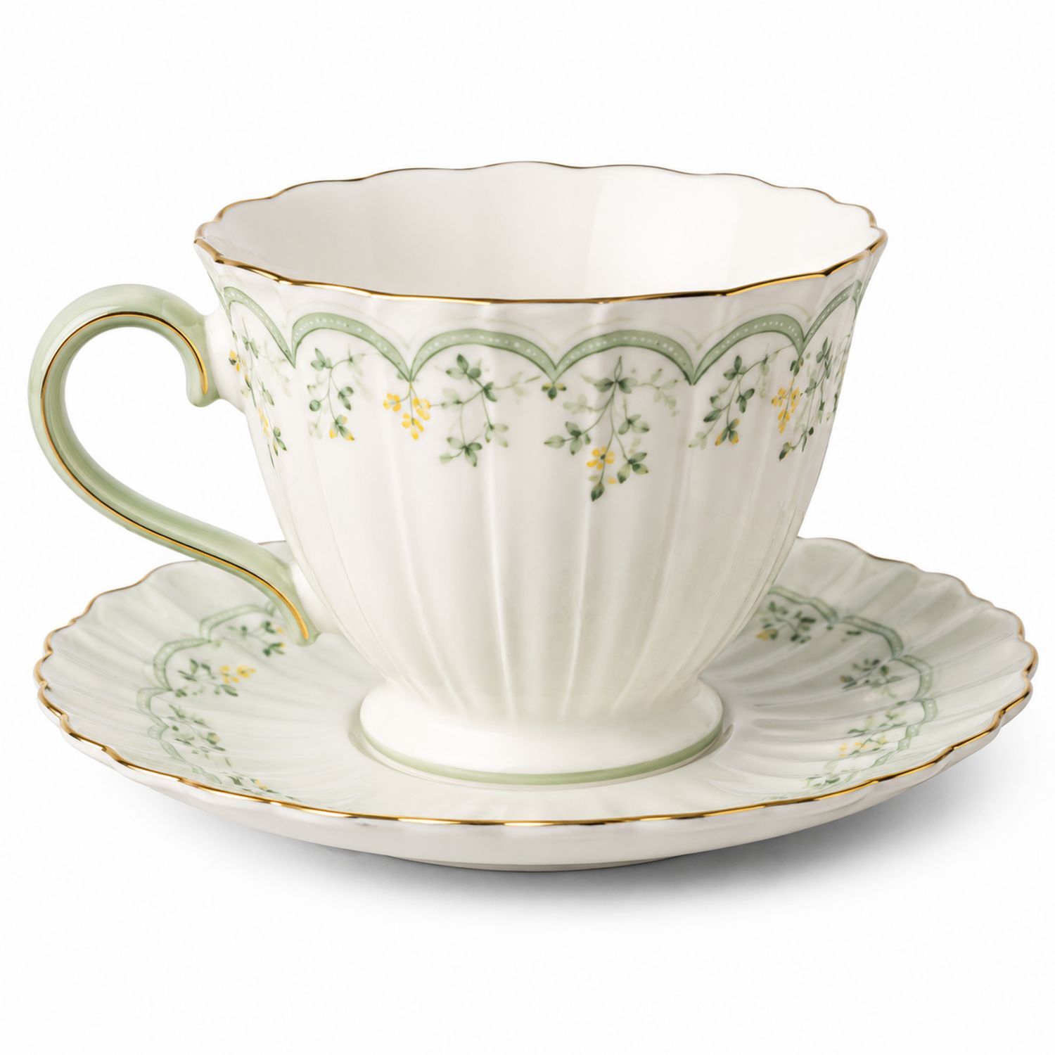 Taza de Porcelana con Motivos Florales Verdes y Dorados