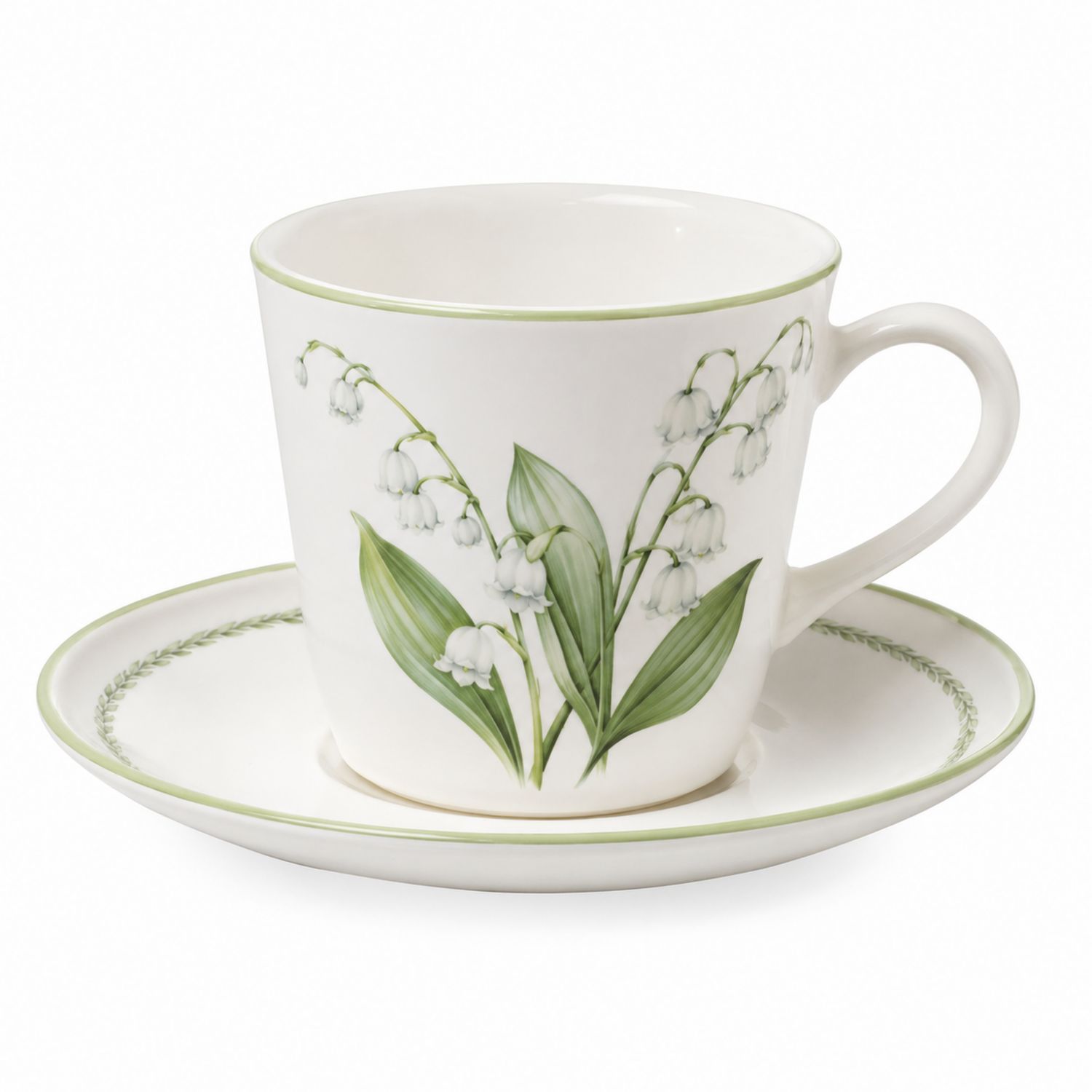 Taza y Plato de Porcelana con Diseño Floral y Bordes Verdes 250ml