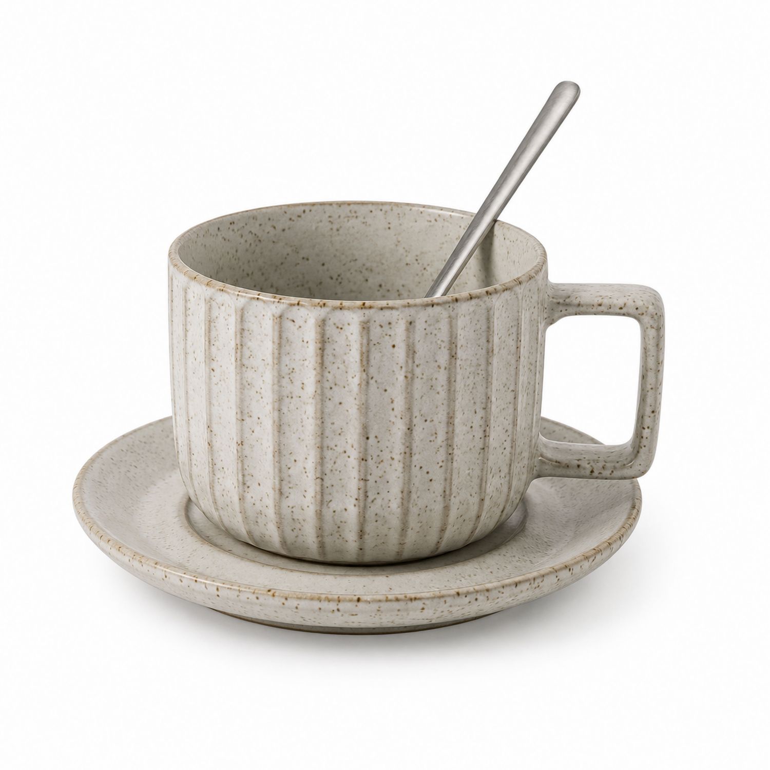 Taza de Cerámica Beige con Platillo y Cuchara