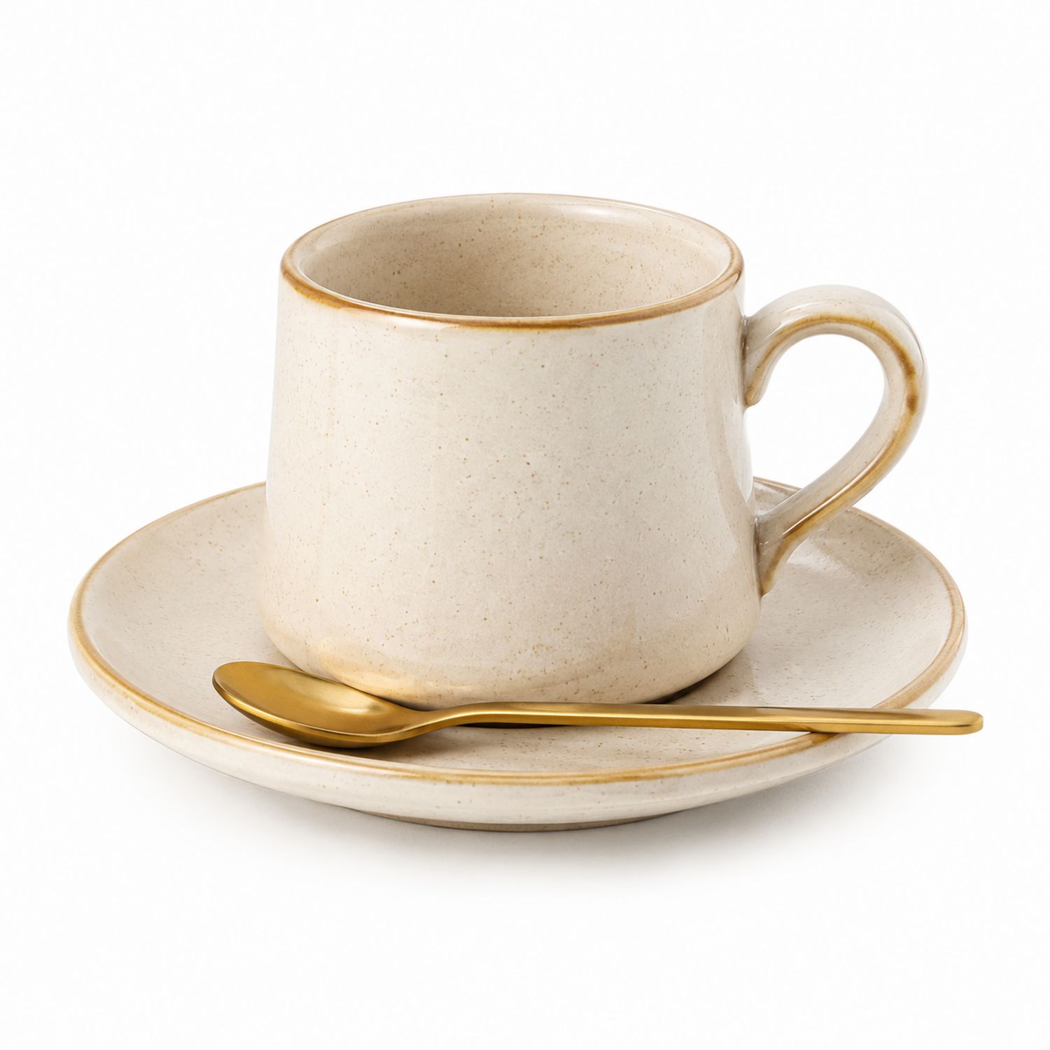 Taza de Cerámica Beige con Plato y Cuchara Dorada