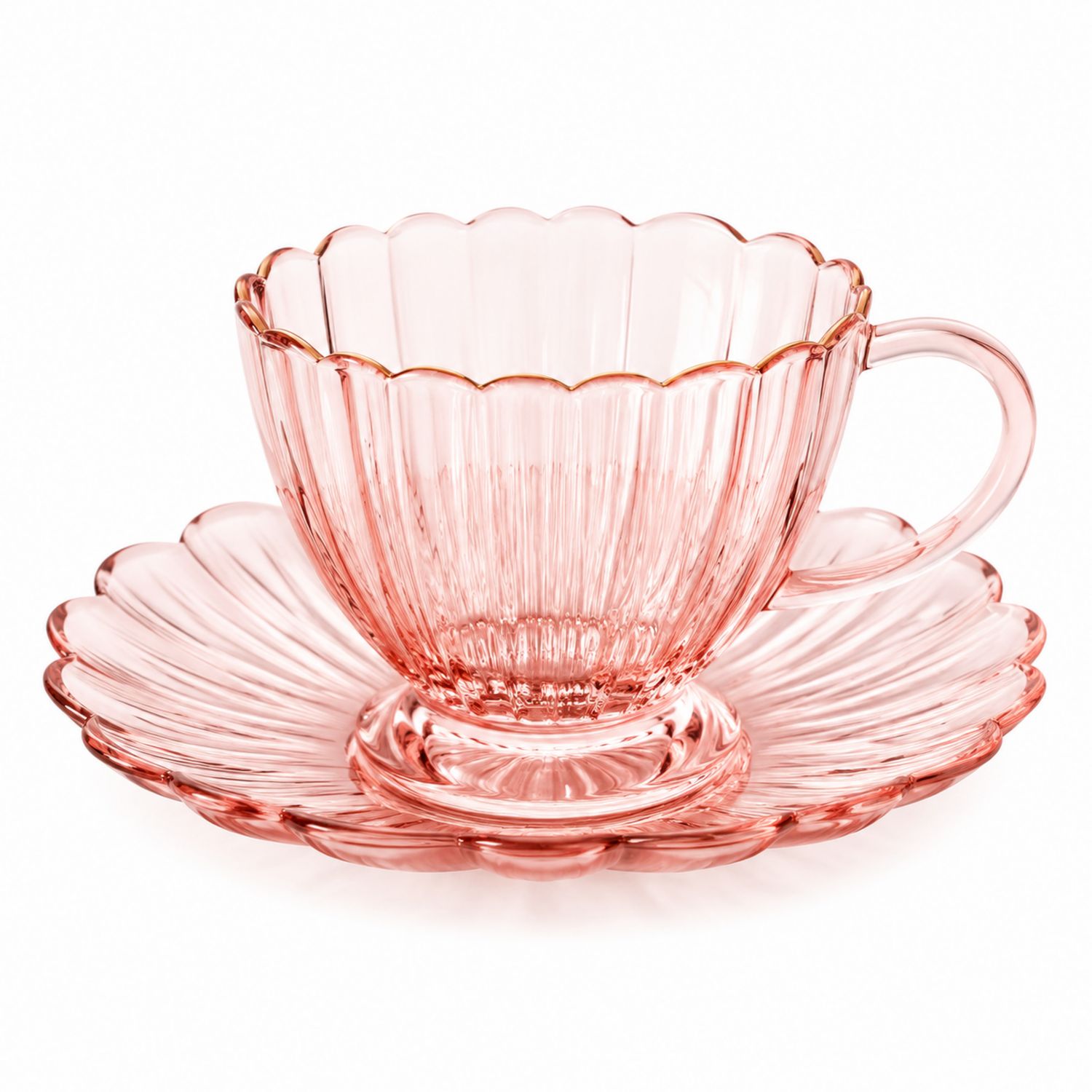 Taza de Vidrio Rosado con Platillo y Borde Dorado