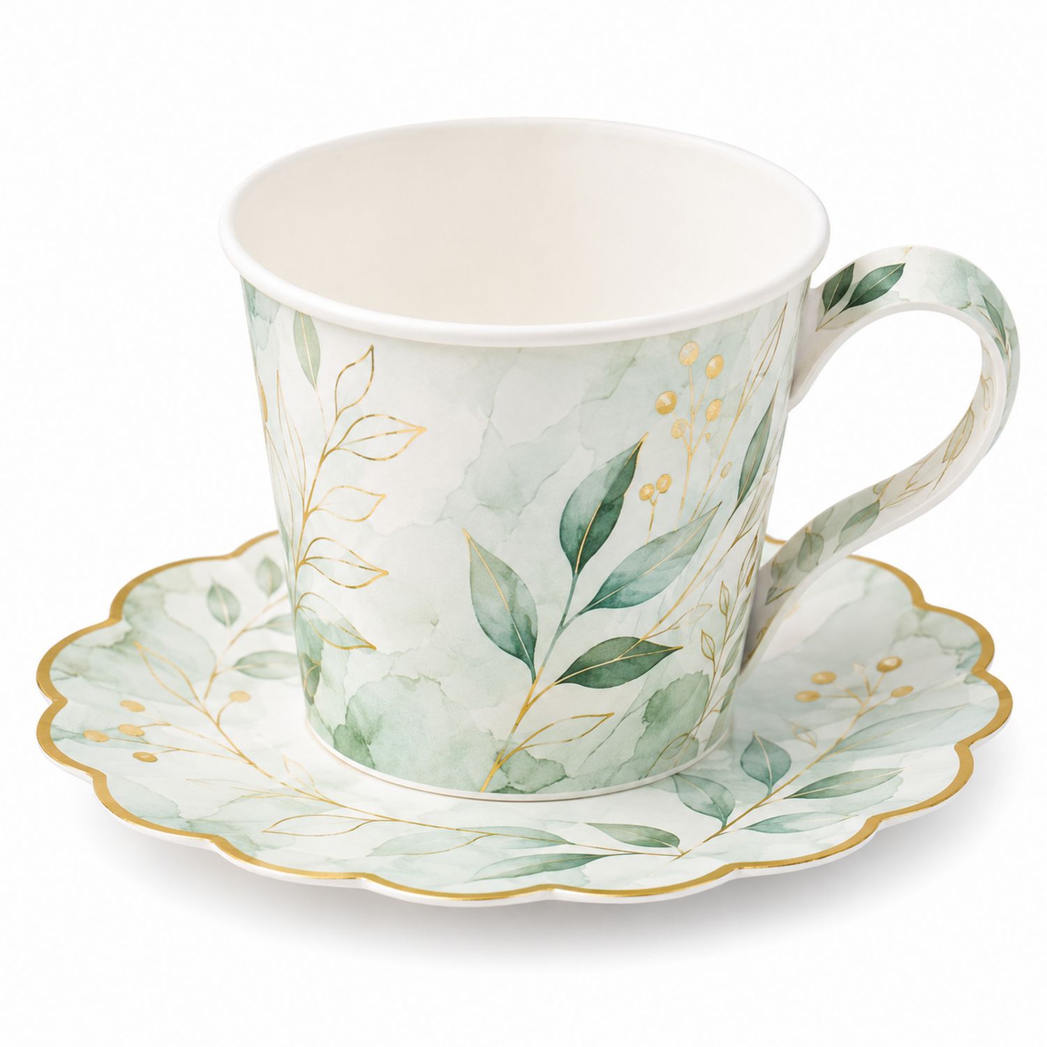 Juego de Taza y Platillo de Papel con Diseño Botánico Verde y Dorado
