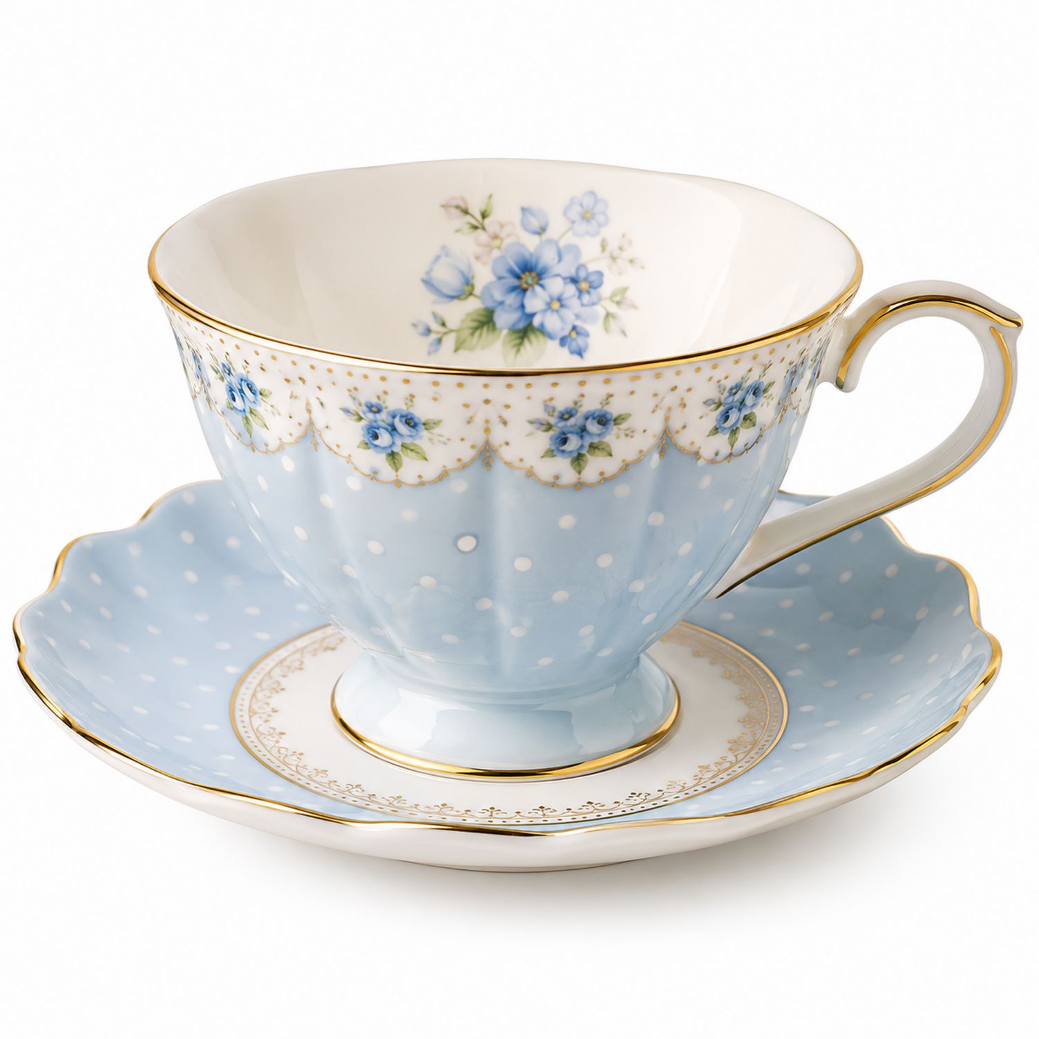 Taza de té floral azul con detalles dorados y platillo