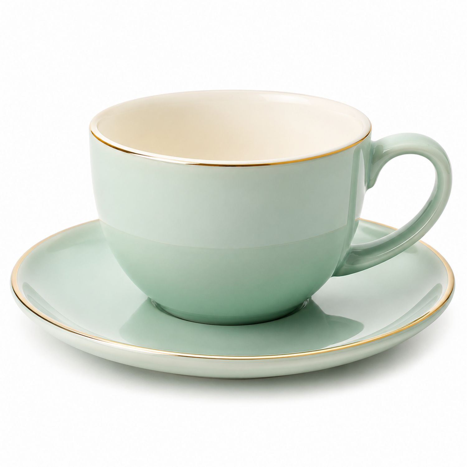 Taza de Porcelana Verde Pastel con Platillo y Borde Dorado