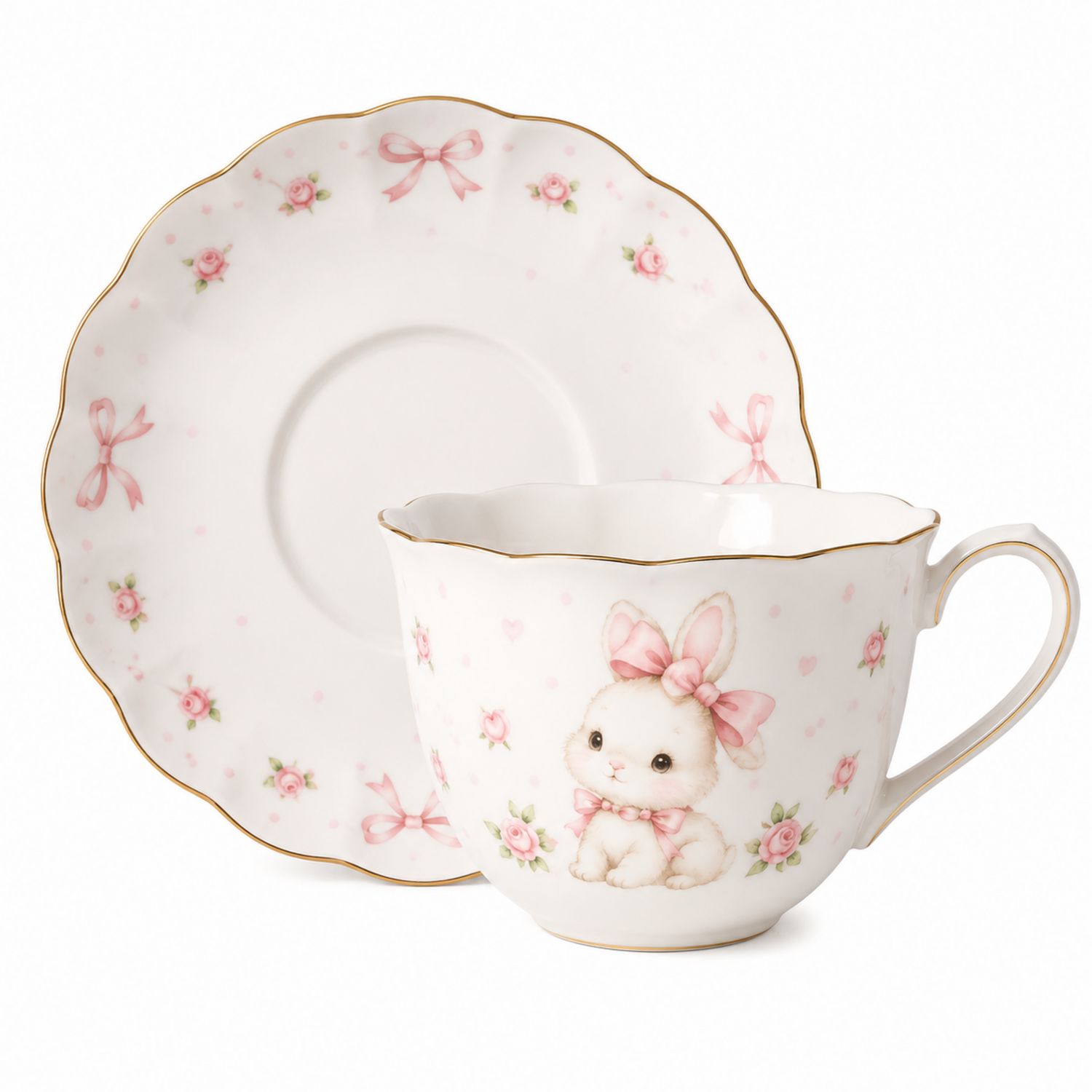 Taza de Porcelana con Platillo y Diseño de Conejo y Rosas