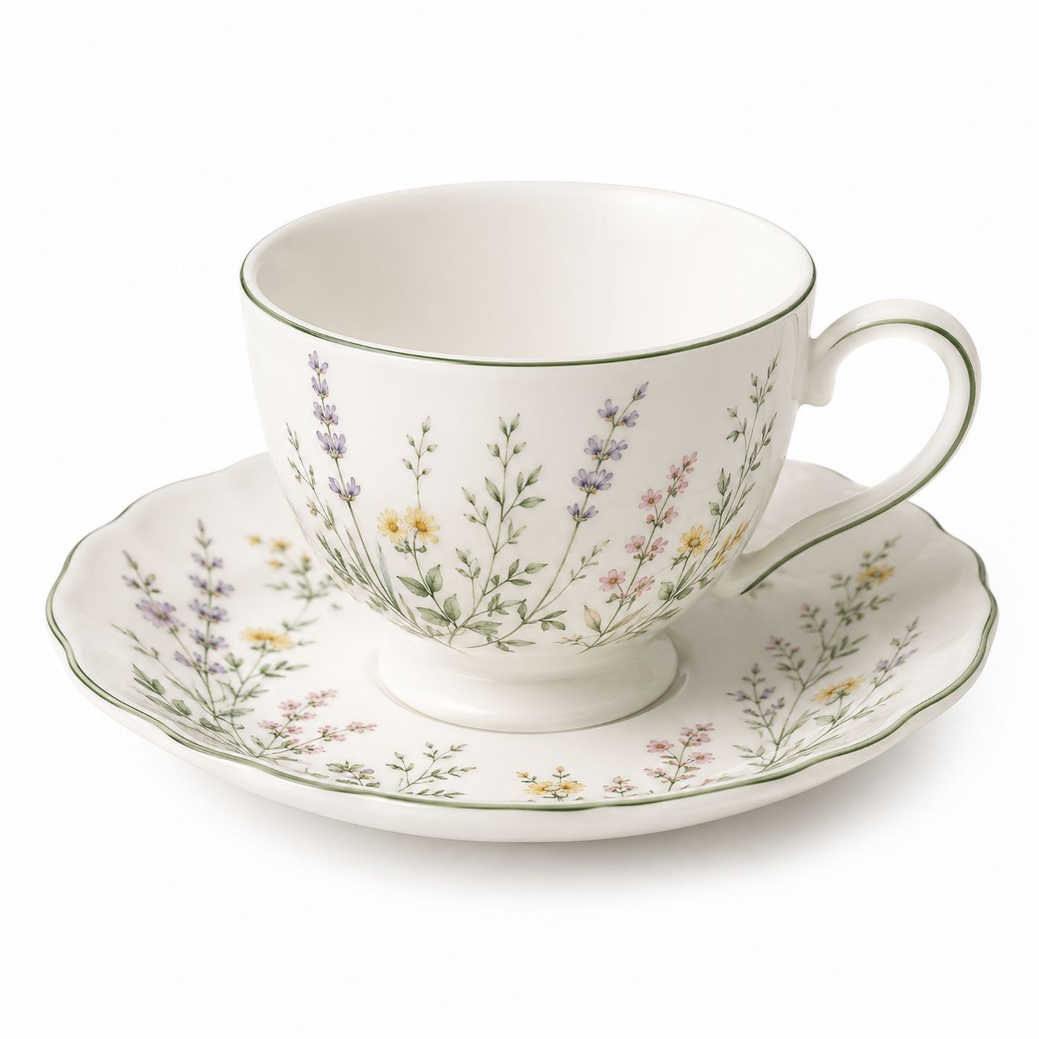 Taza de porcelana con diseño floral y plato
