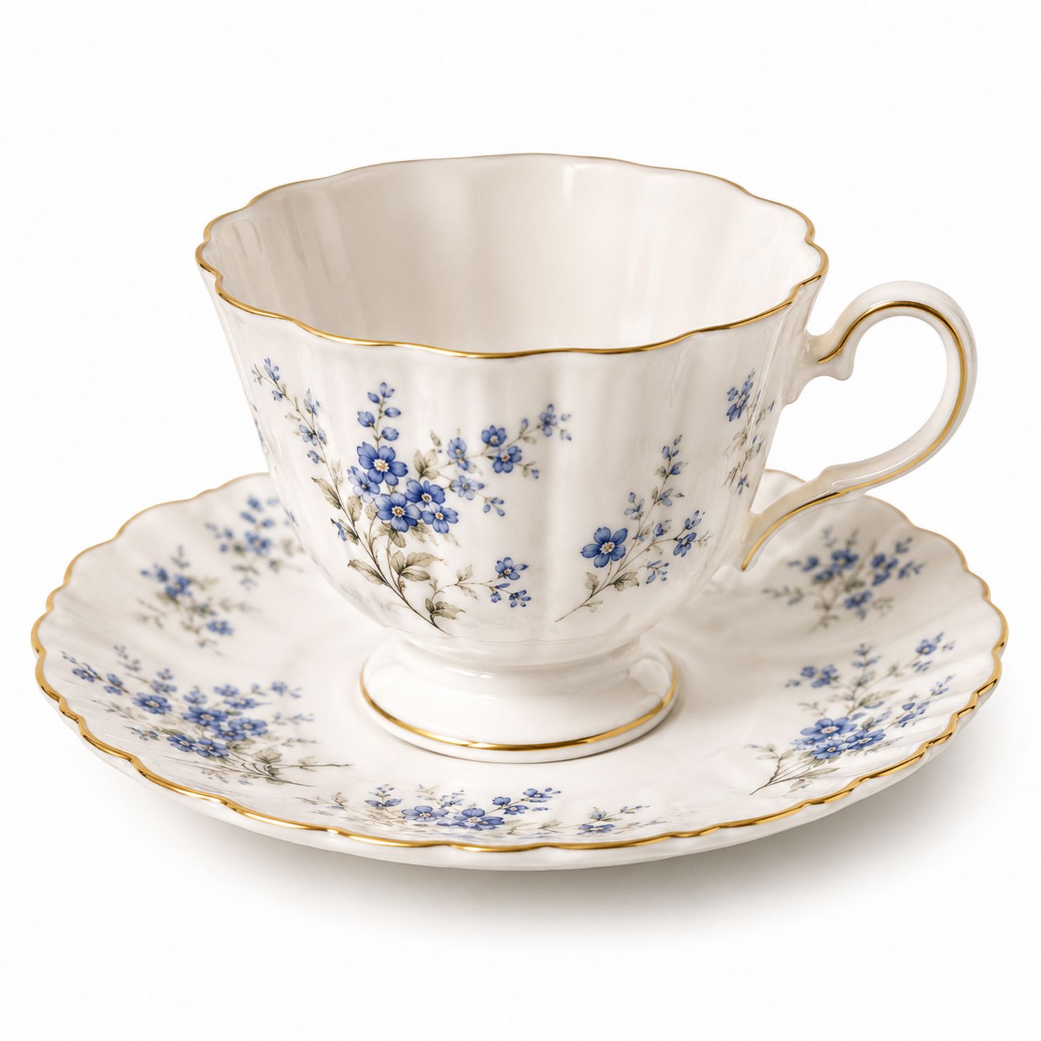 Taza de Té Blanca con Flores Azules y Detalles Dorados
