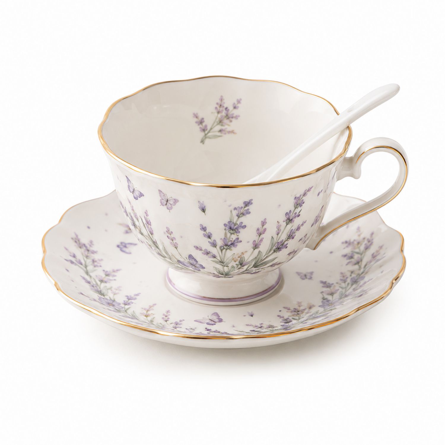 Taza de Porcelana con Diseño Floral y Borde Dorado