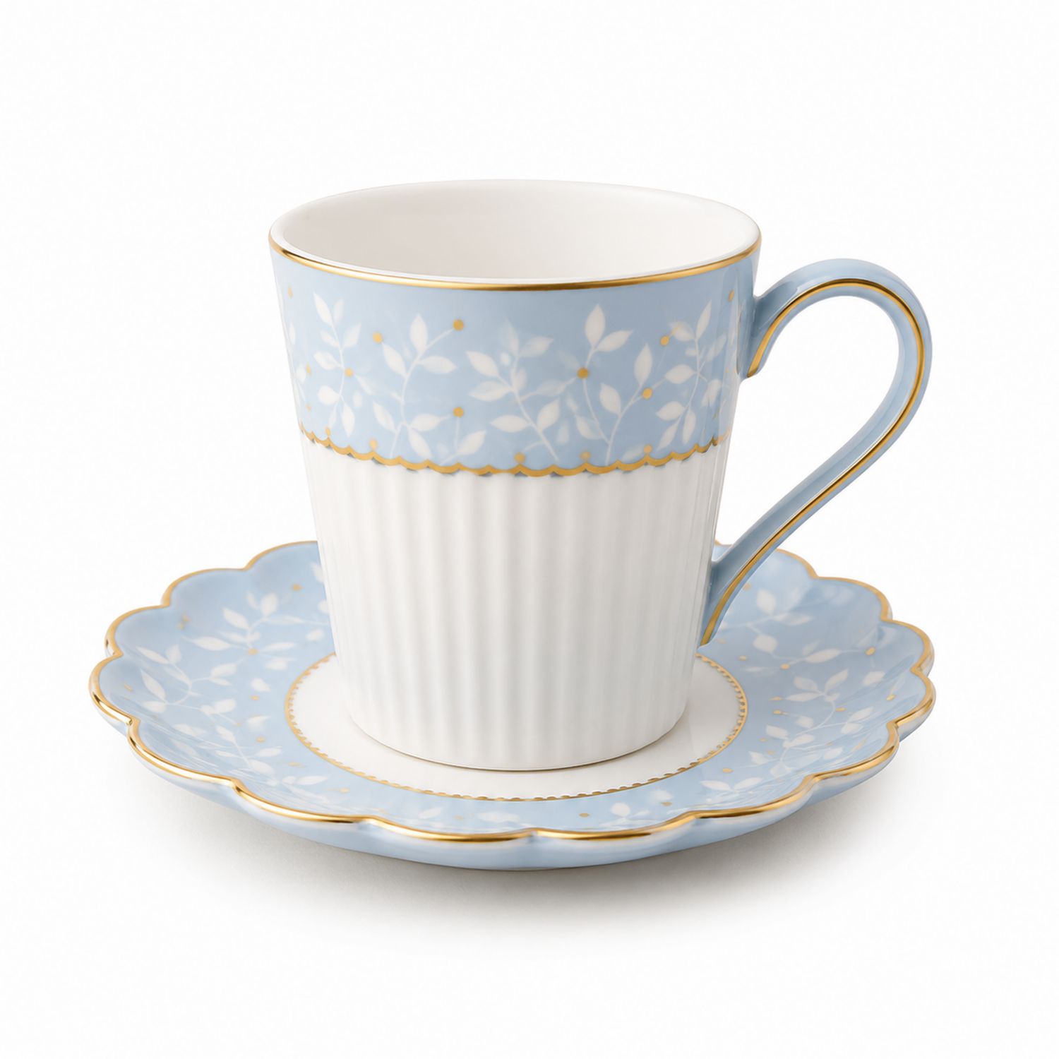 Taza de Porcelana Azul con Platillo Decorativo de Flores y Oro