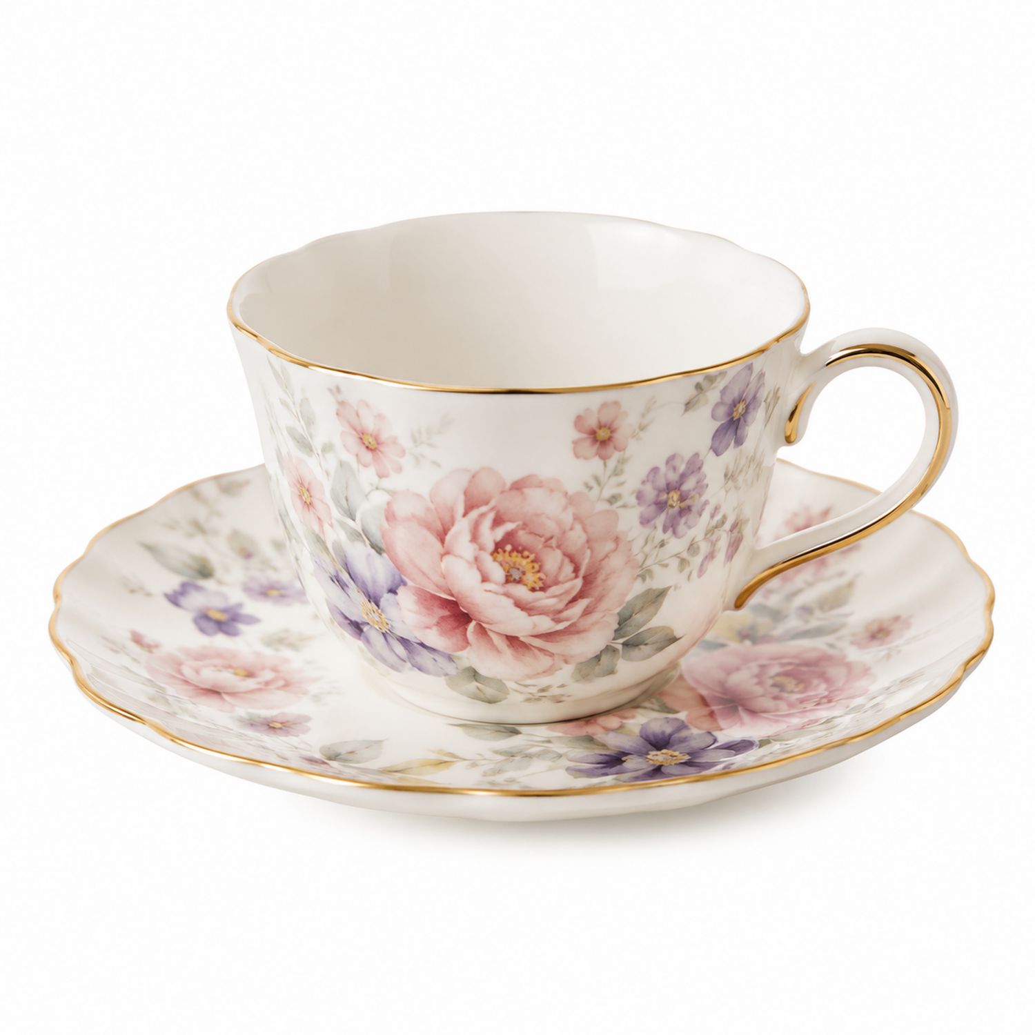 Taza de Porcelana con Motivo Floral y Acabado Dorado con Platillo