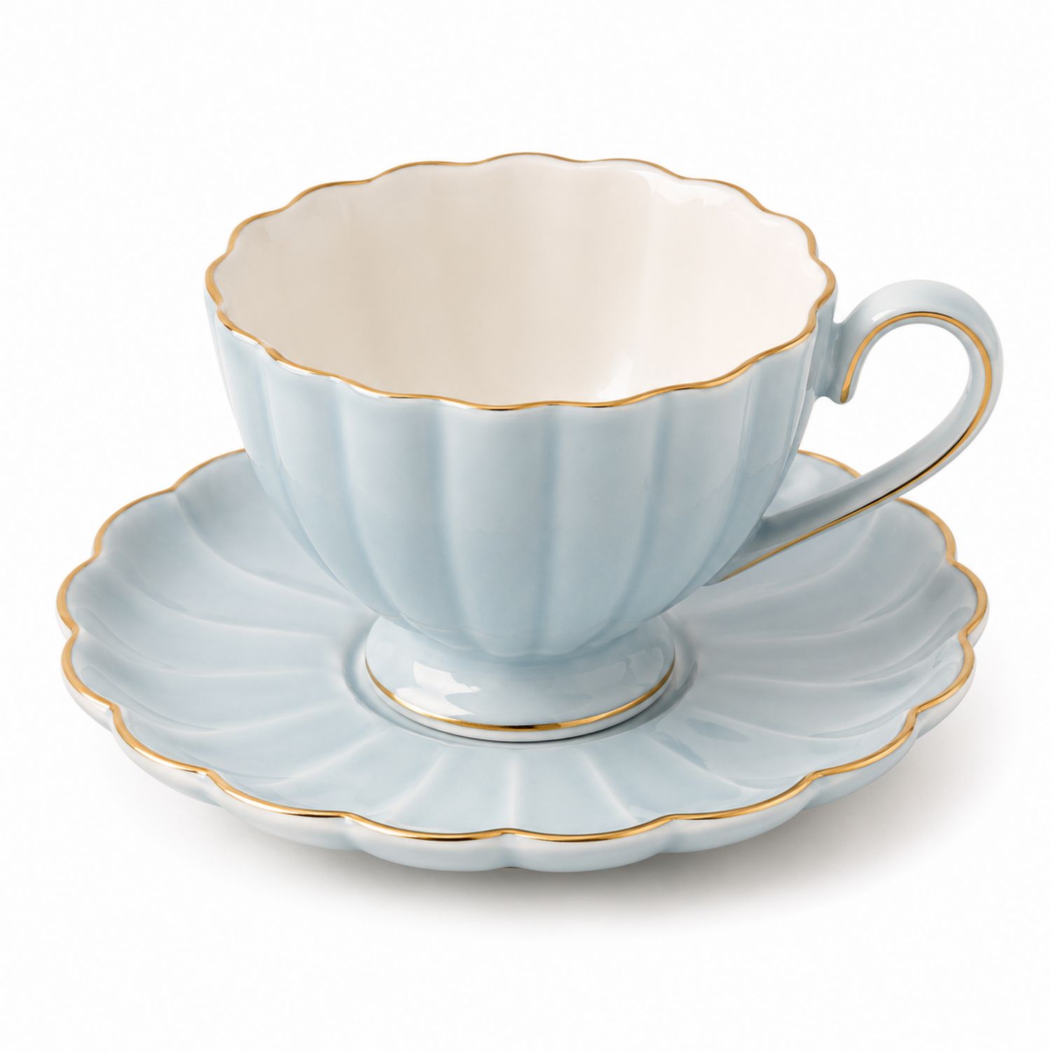 Taza de Té Azul con Borde Dorado y Plato