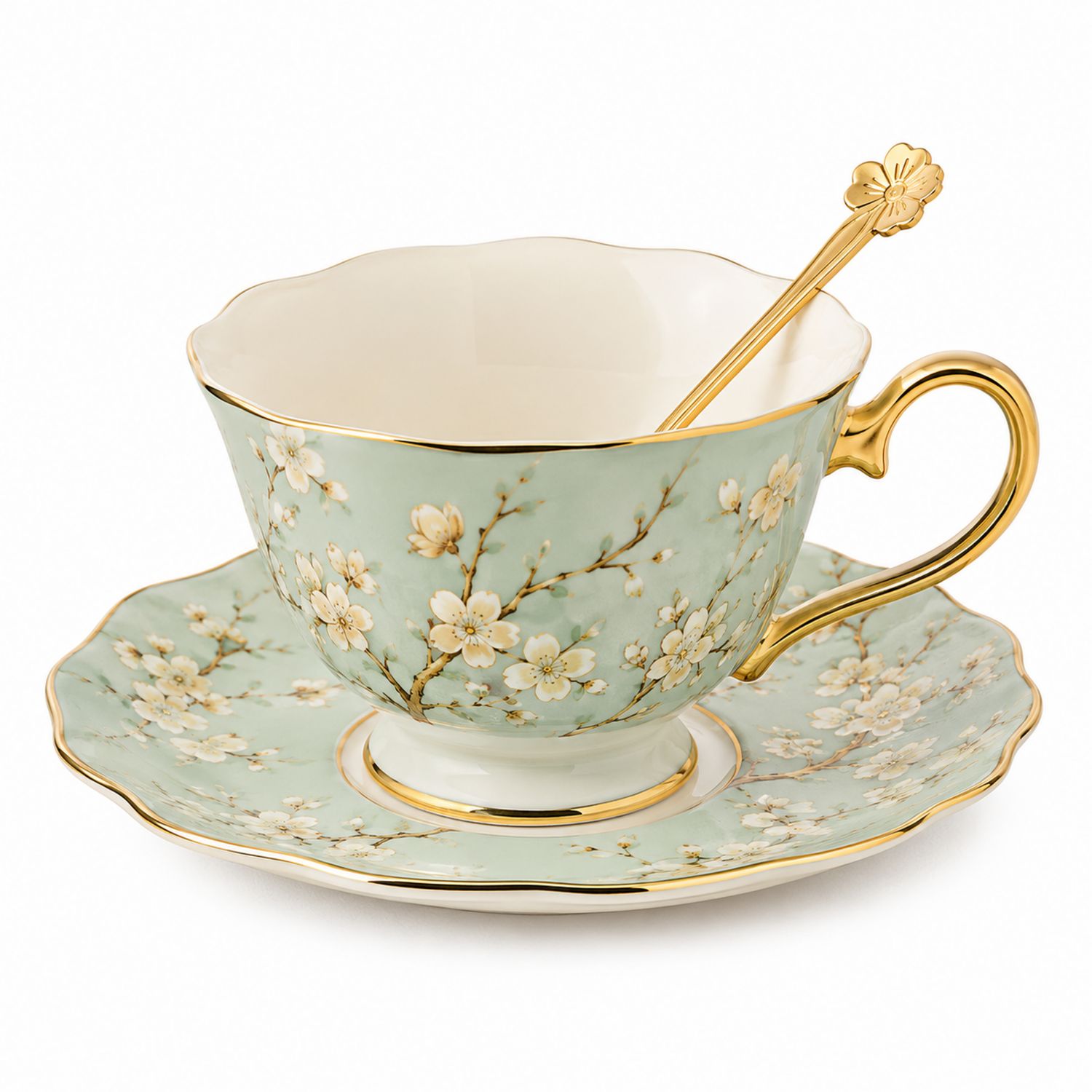 Juego de Taza con Platillo y Cuchara Dorada de Porcelana Floral Verde