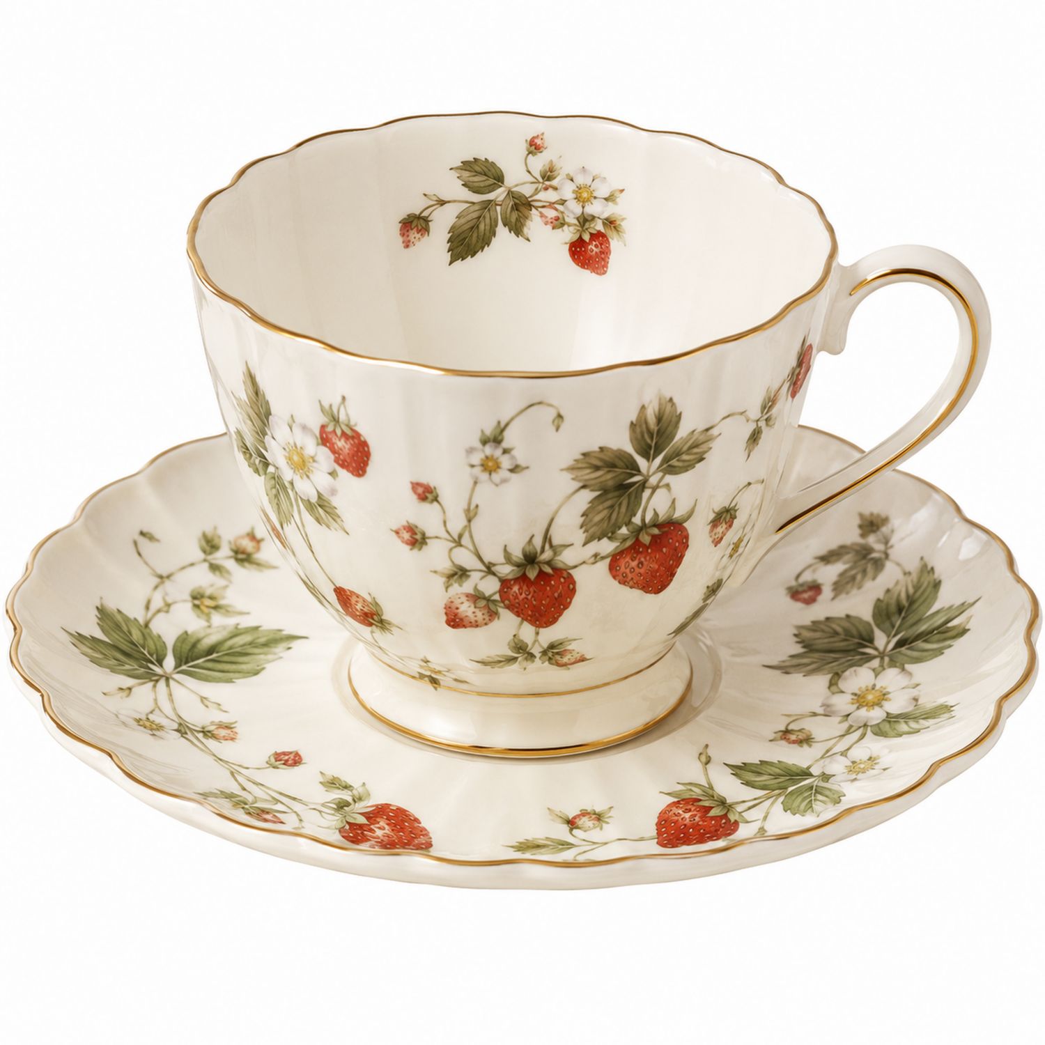 Juego de Taza y Platillo de Porcelana con Diseño de Fresas