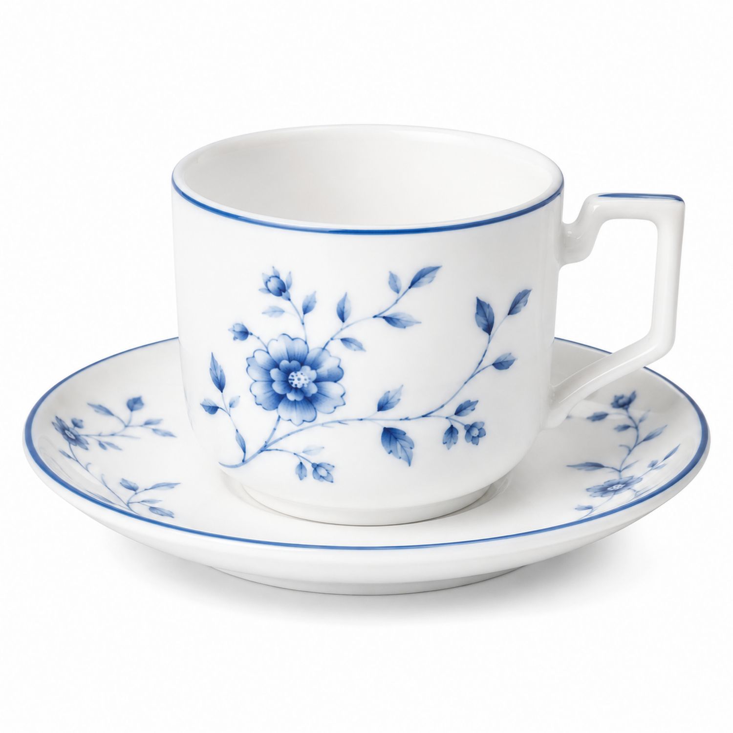 Taza de Porcelana Azul y Blanca con Diseño Floral y Platillo