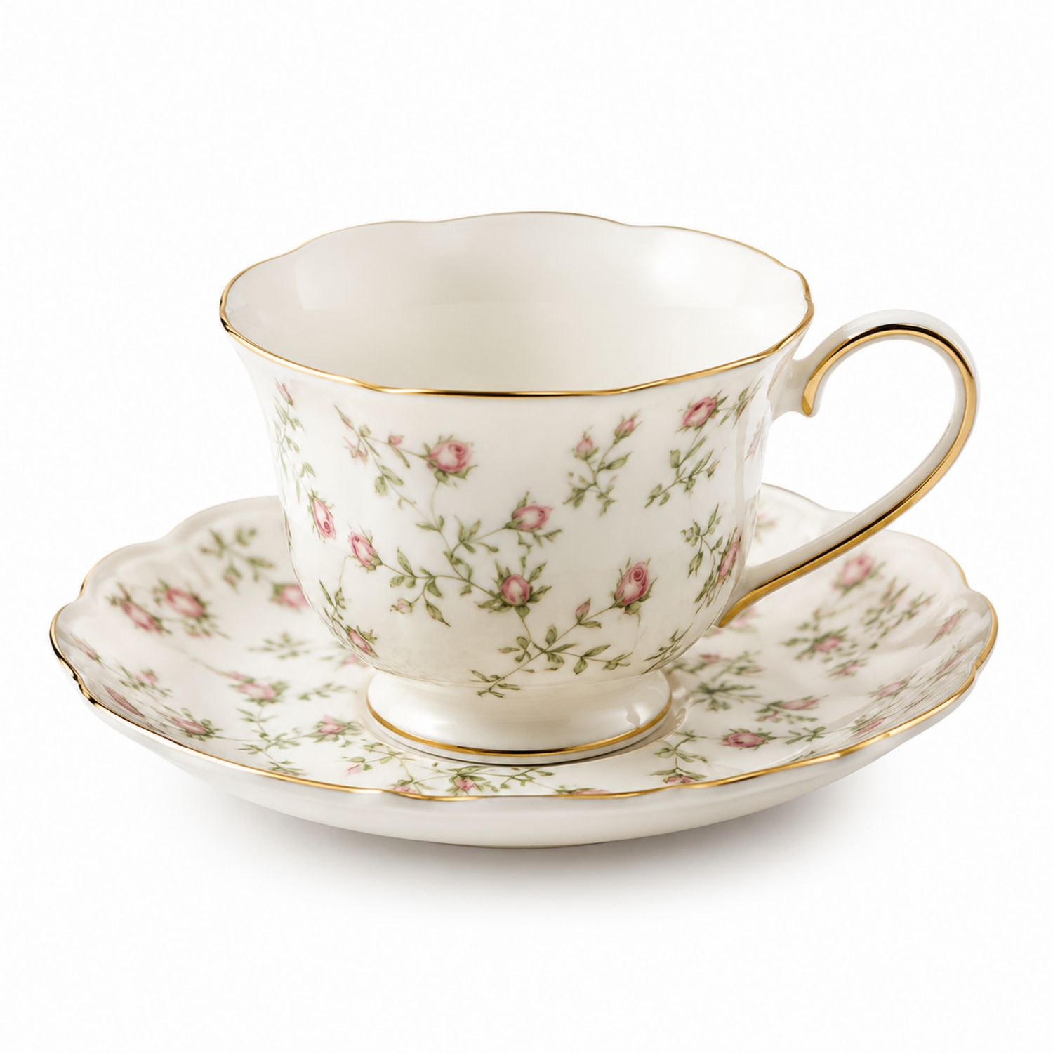 Taza de té con platillo floral blanco con detalles dorados