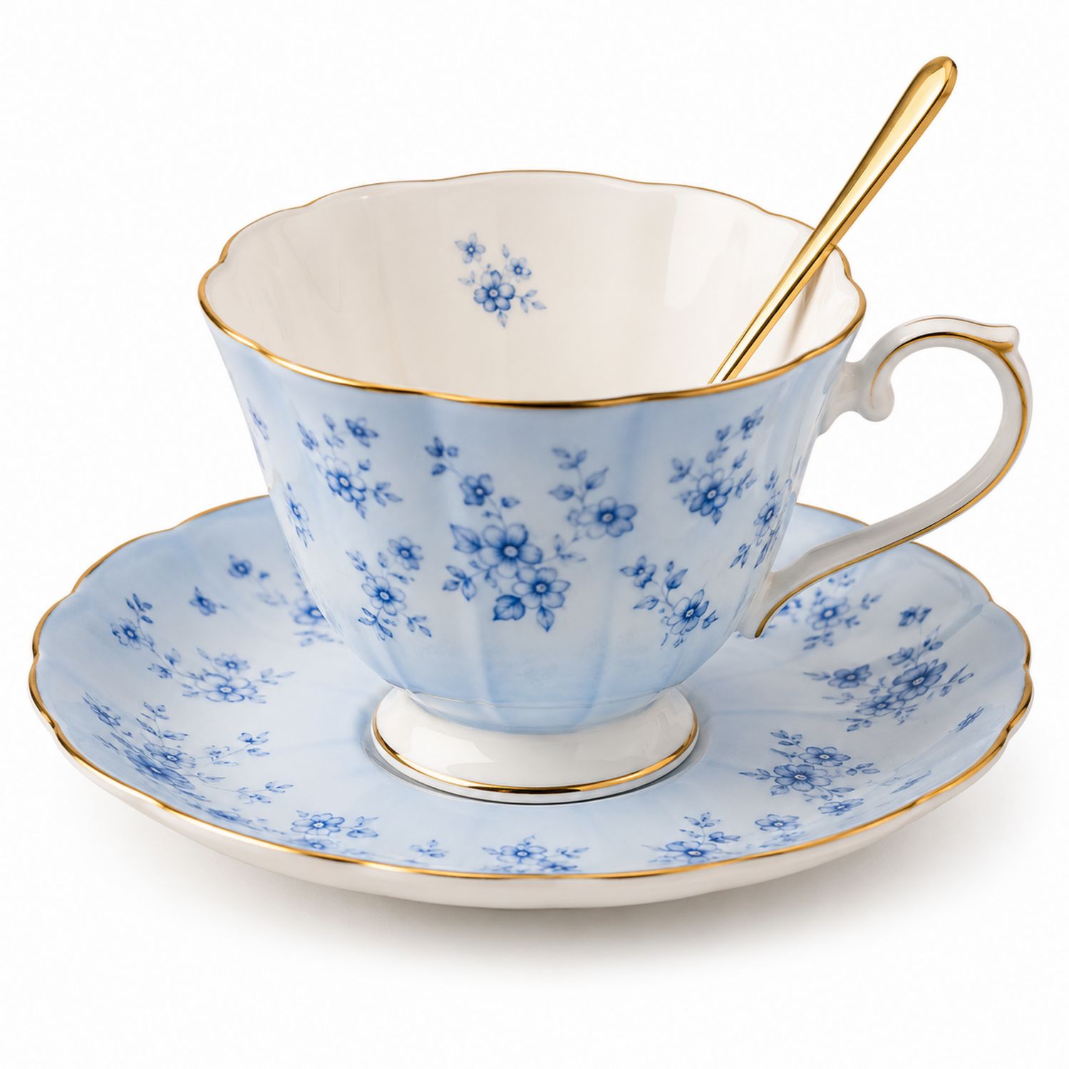 Taza de Té de Porcelana con Diseño Floral Azul y Dorado