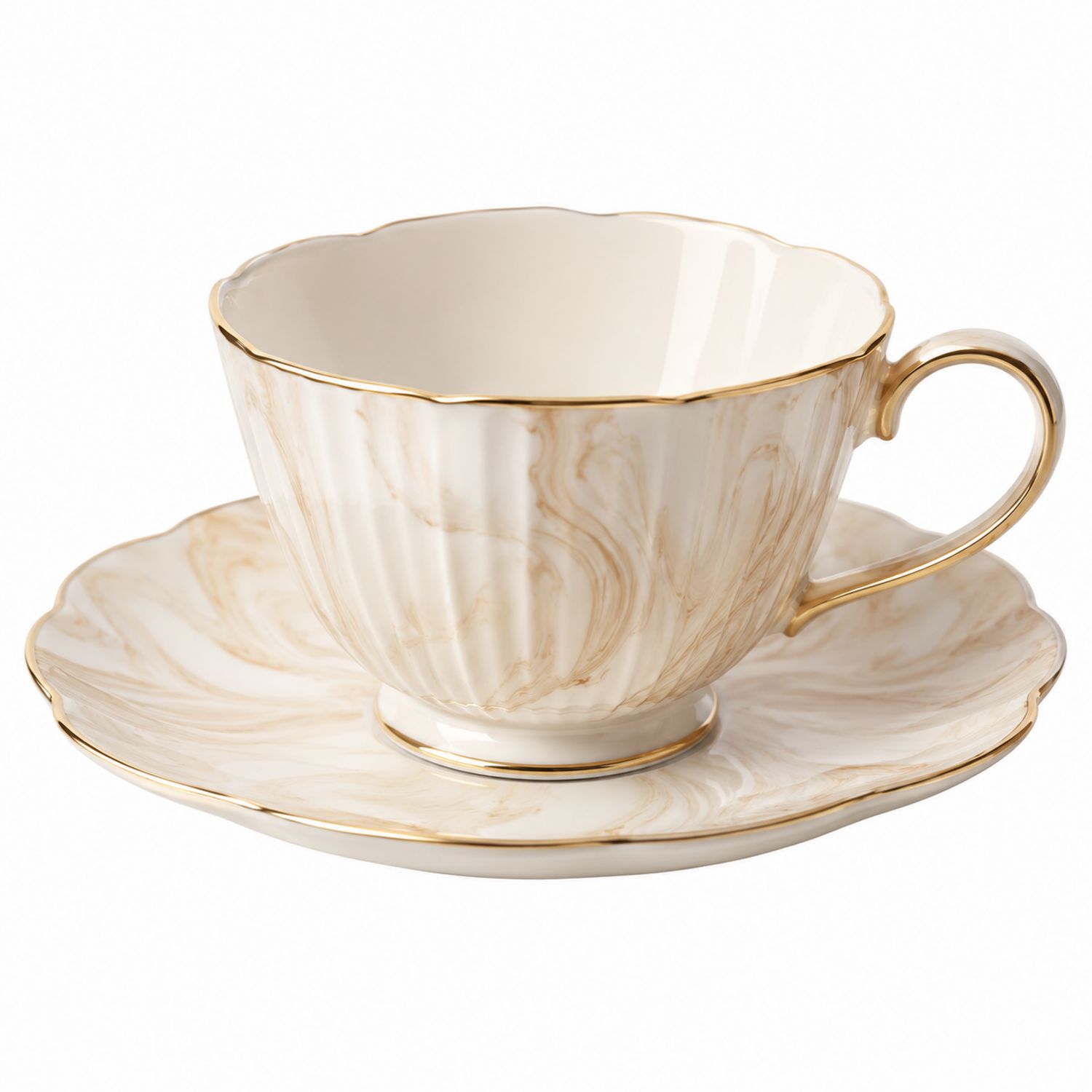 Juego de Taza de Té con Platillo Mármol Blanco y Dorado