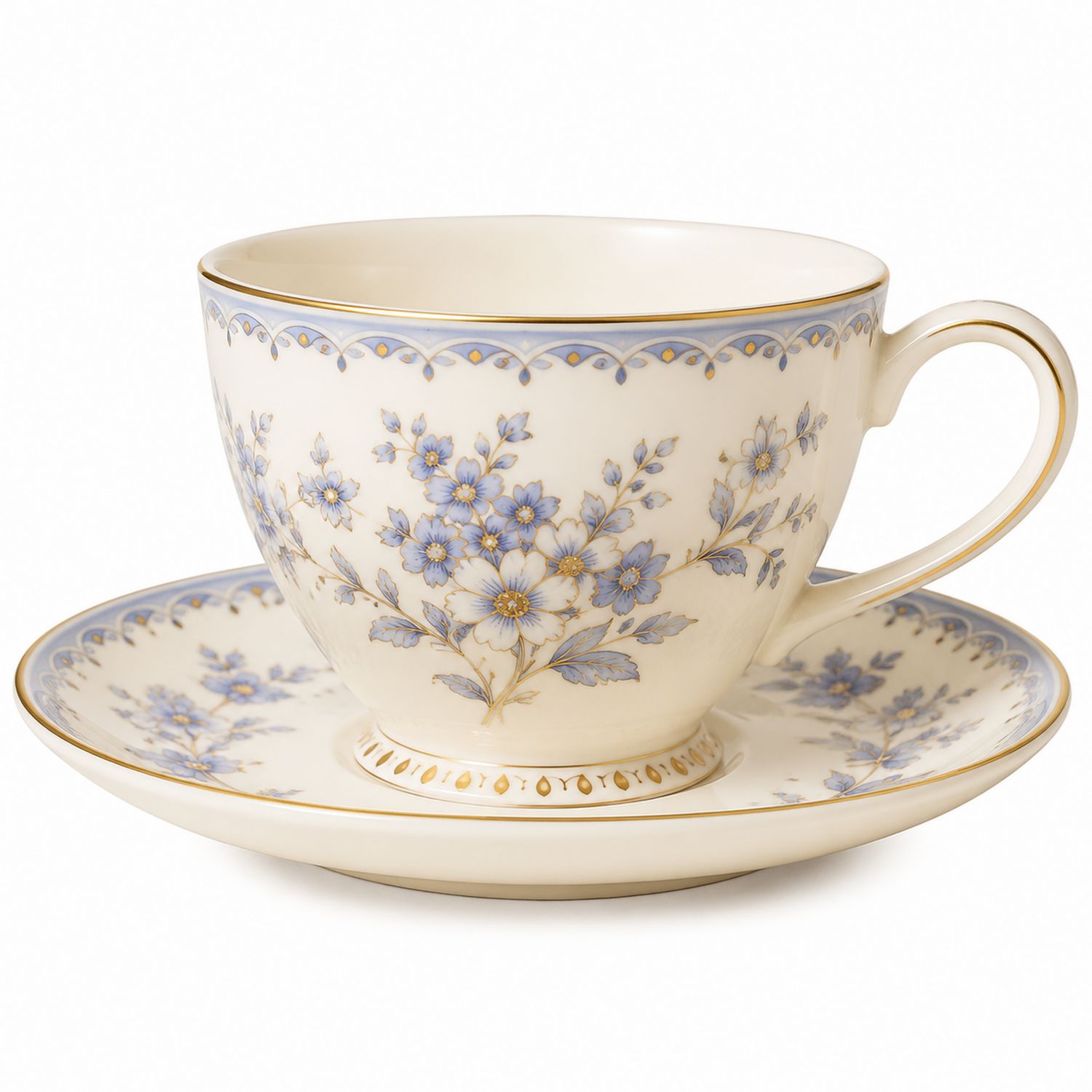 Taza de Té con Platillo de Diseño Floral Azul y Dorado