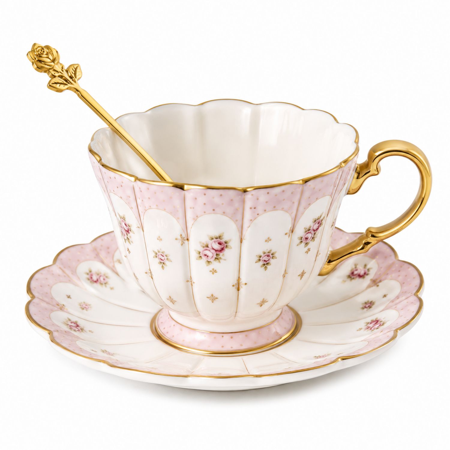 Taza de Porcelana Rosa con Diseño Floral, Plato y Cuchara Dorada
