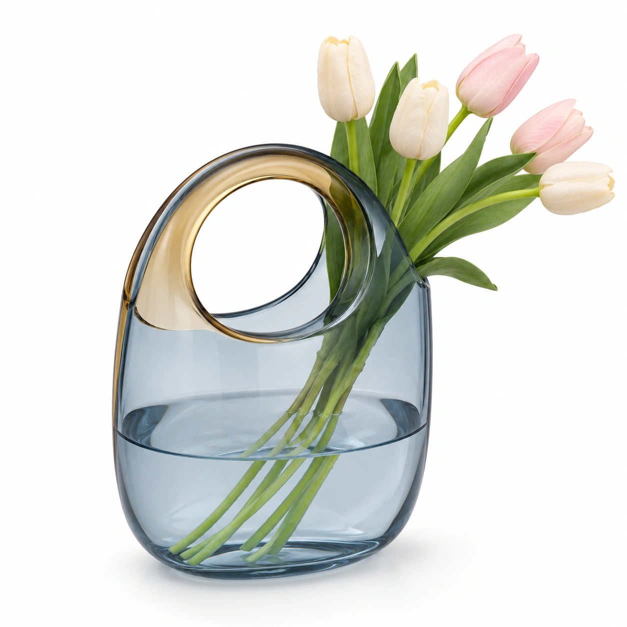 Florero moderno de vidrio azul con asa-AlveraLiving