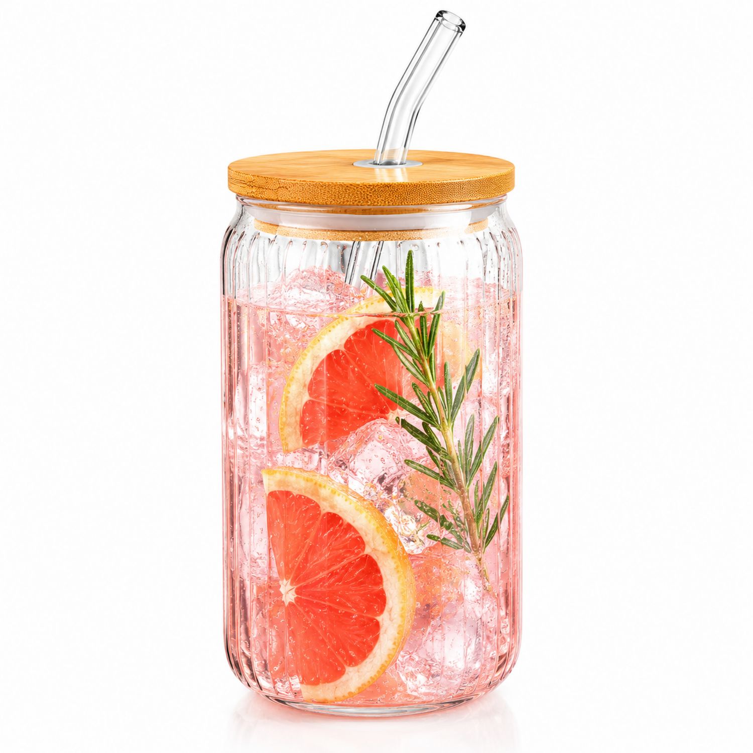 Bicchiere in Vetro con Coperchio in Bambù e Cannuccia 470ml