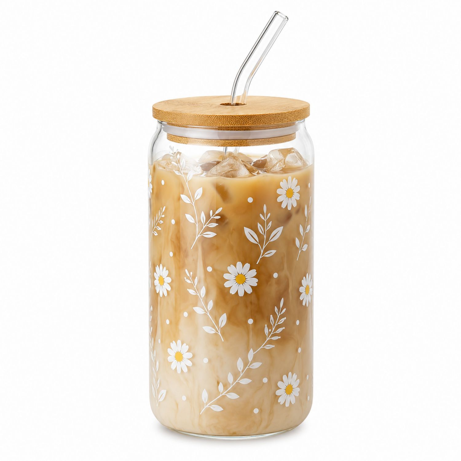 Bicchiere di Vetro con Coperchio in Bambù e Cannuccia Decorato con Fiori