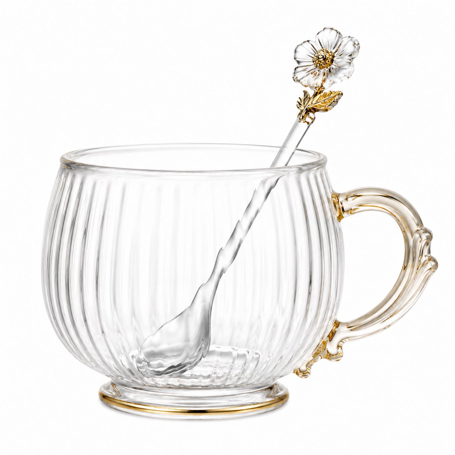 Tazza in vetro trasparente con cucchiaino decorato a fiore dorato