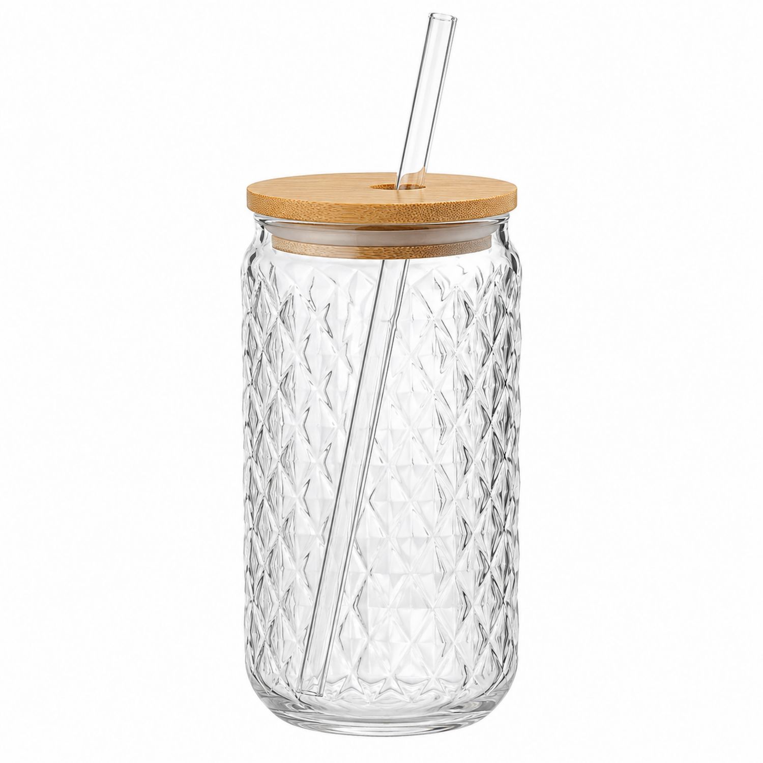 Bicchiere in Vetro con Coperchio in Bambù e Cannuccia 500 ml