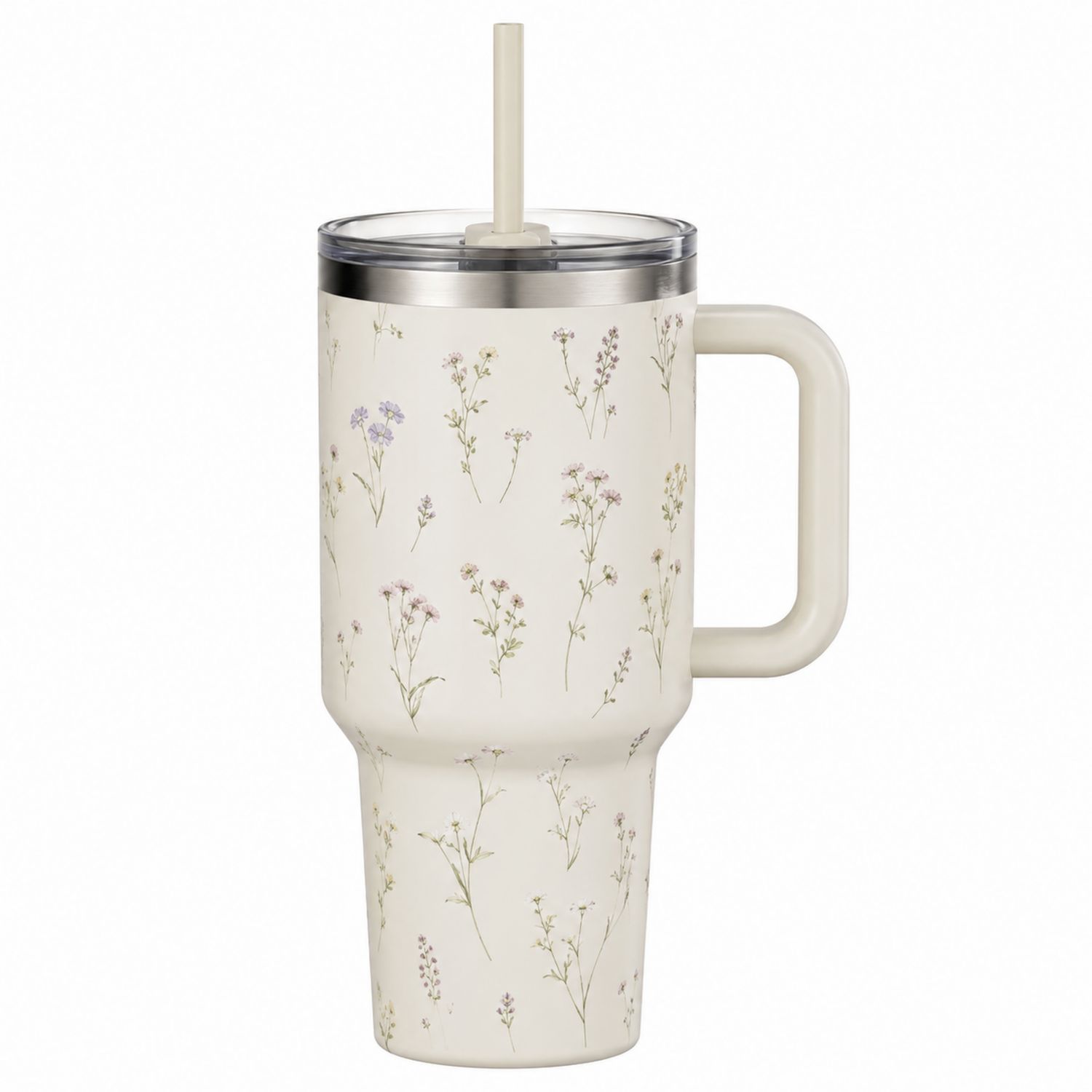 Tazza Termica con Manico Motivo Floreale 592ml Avorio