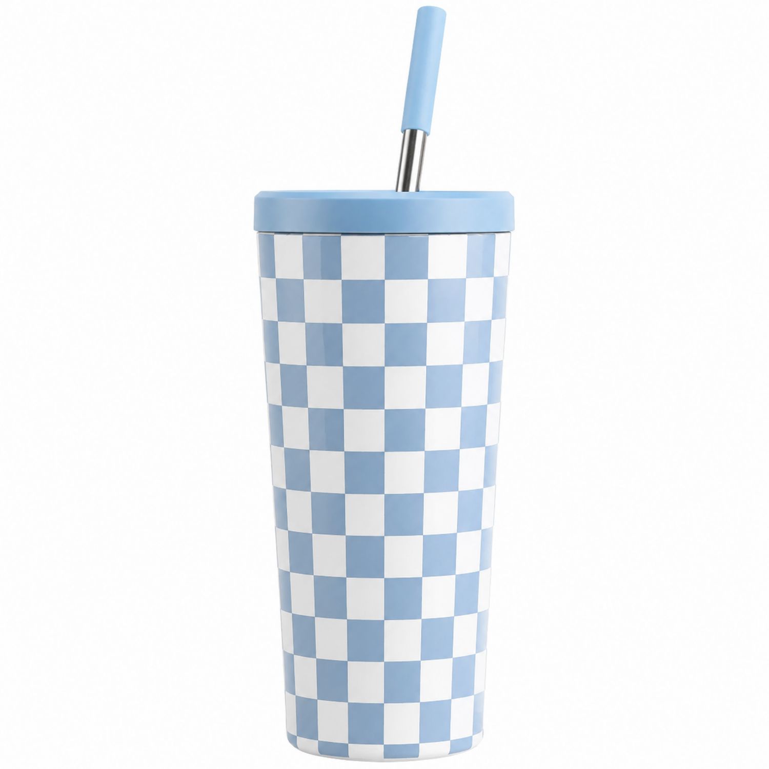Bicchiere termico a scacchi blu e bianco con cannuccia acciaio 500ml
