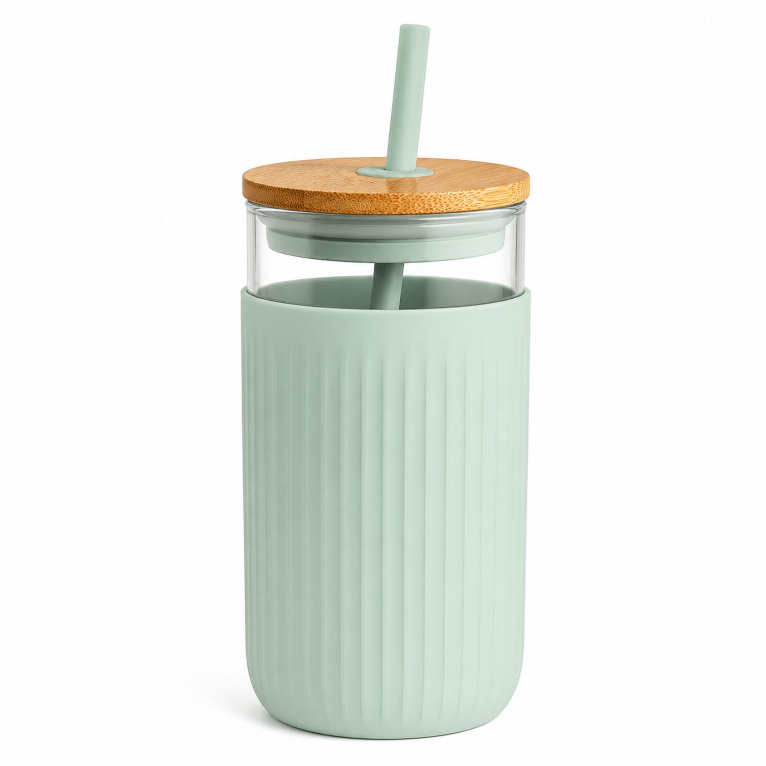 Bicchiere in Vetro con Coperchio di Bambù e Cannuccia Menta 500ml