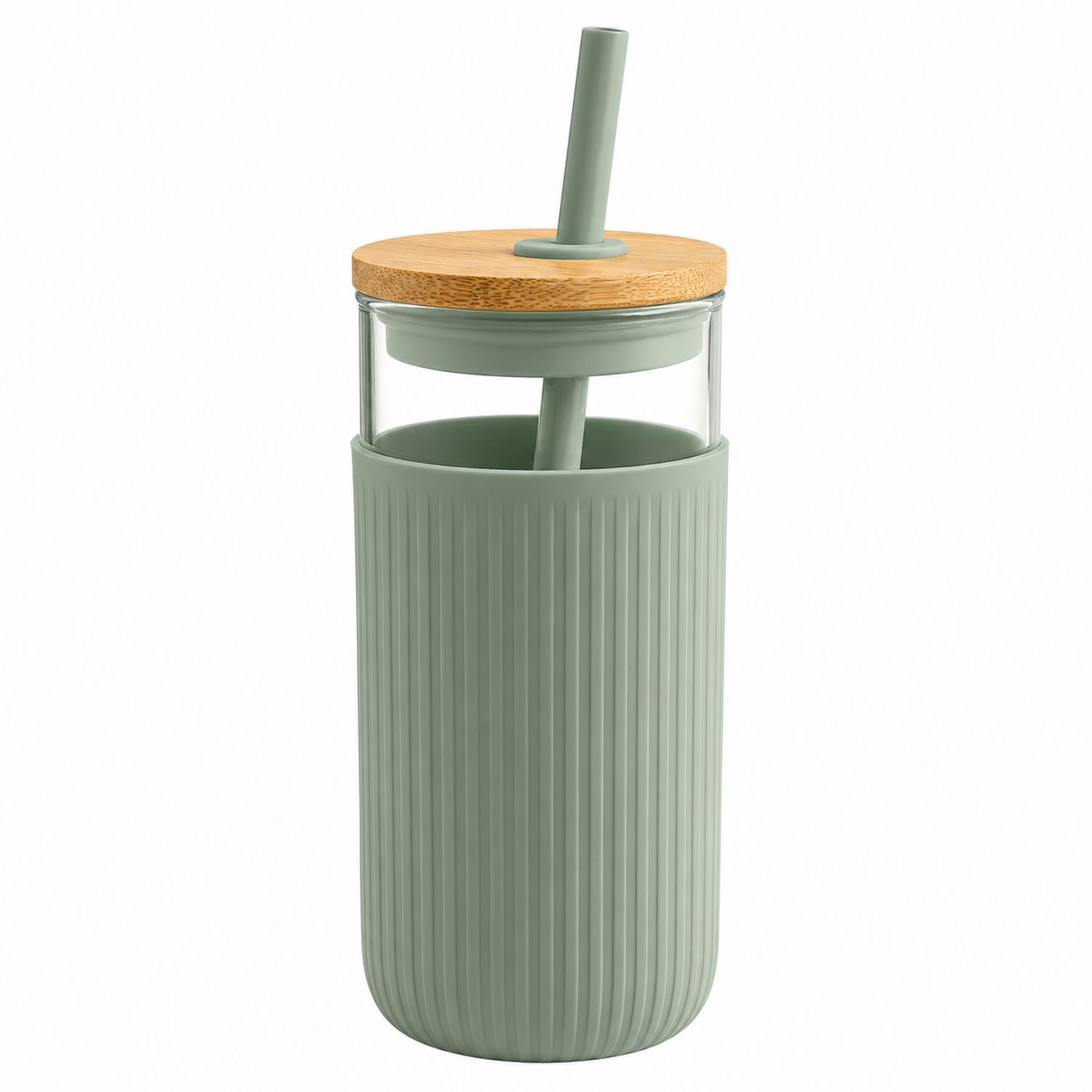 Bicchiere con Coperchio in Bambù e Cannuccia Verde Salvia 400ml