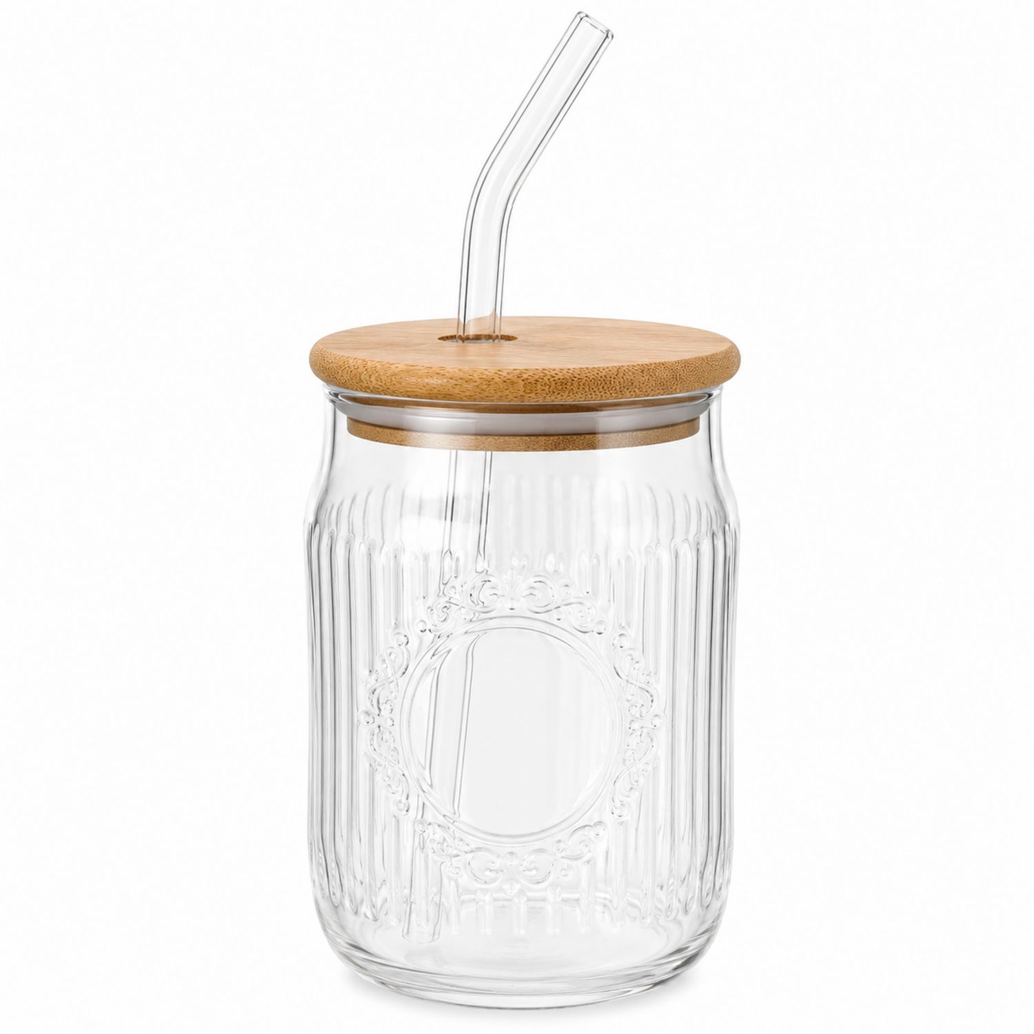 Bicchiere in vetro con coperchio in bambù e cannuccia da 500 ml