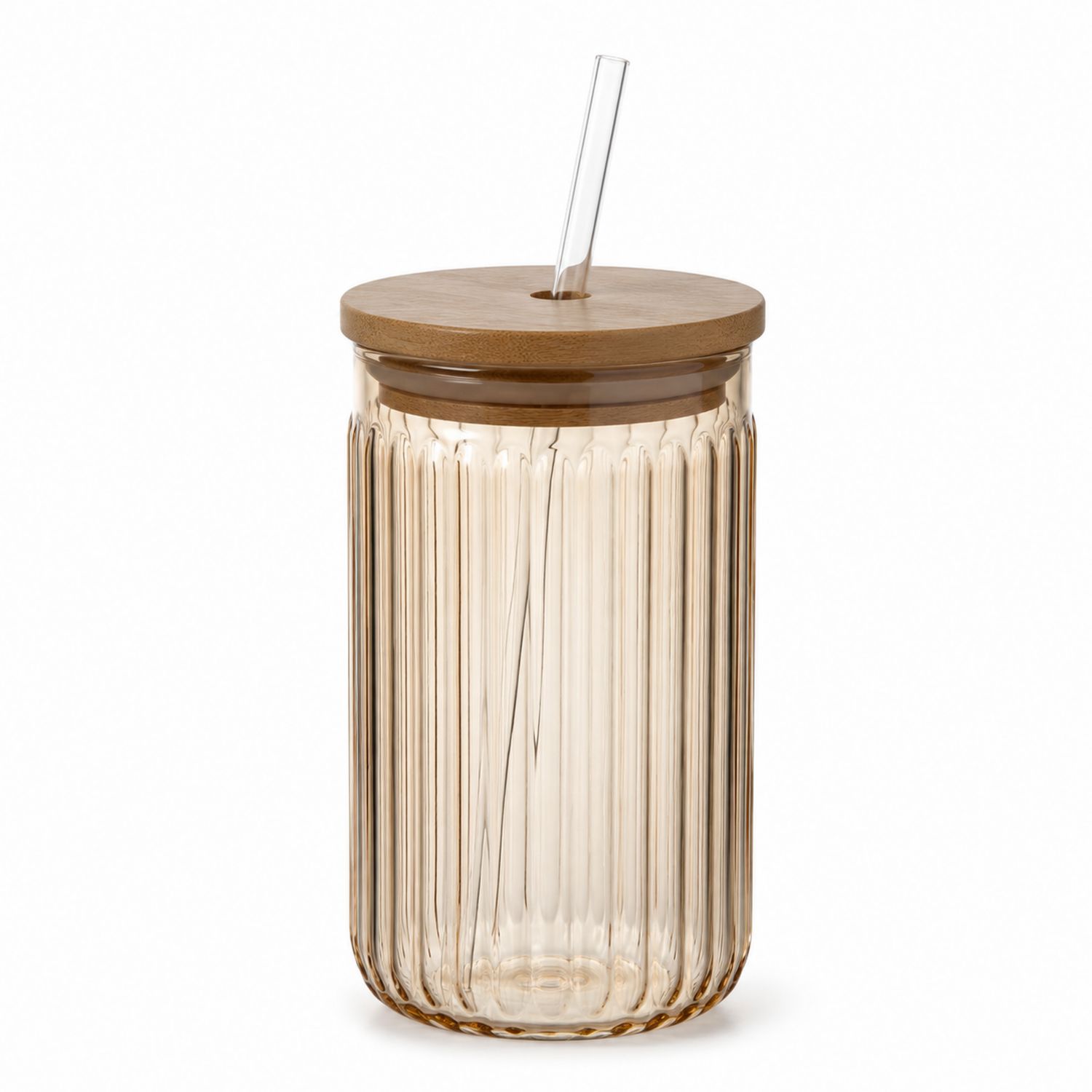Bicchiere in Vetro Ambrato con Coperchio in Legno e Canuccia