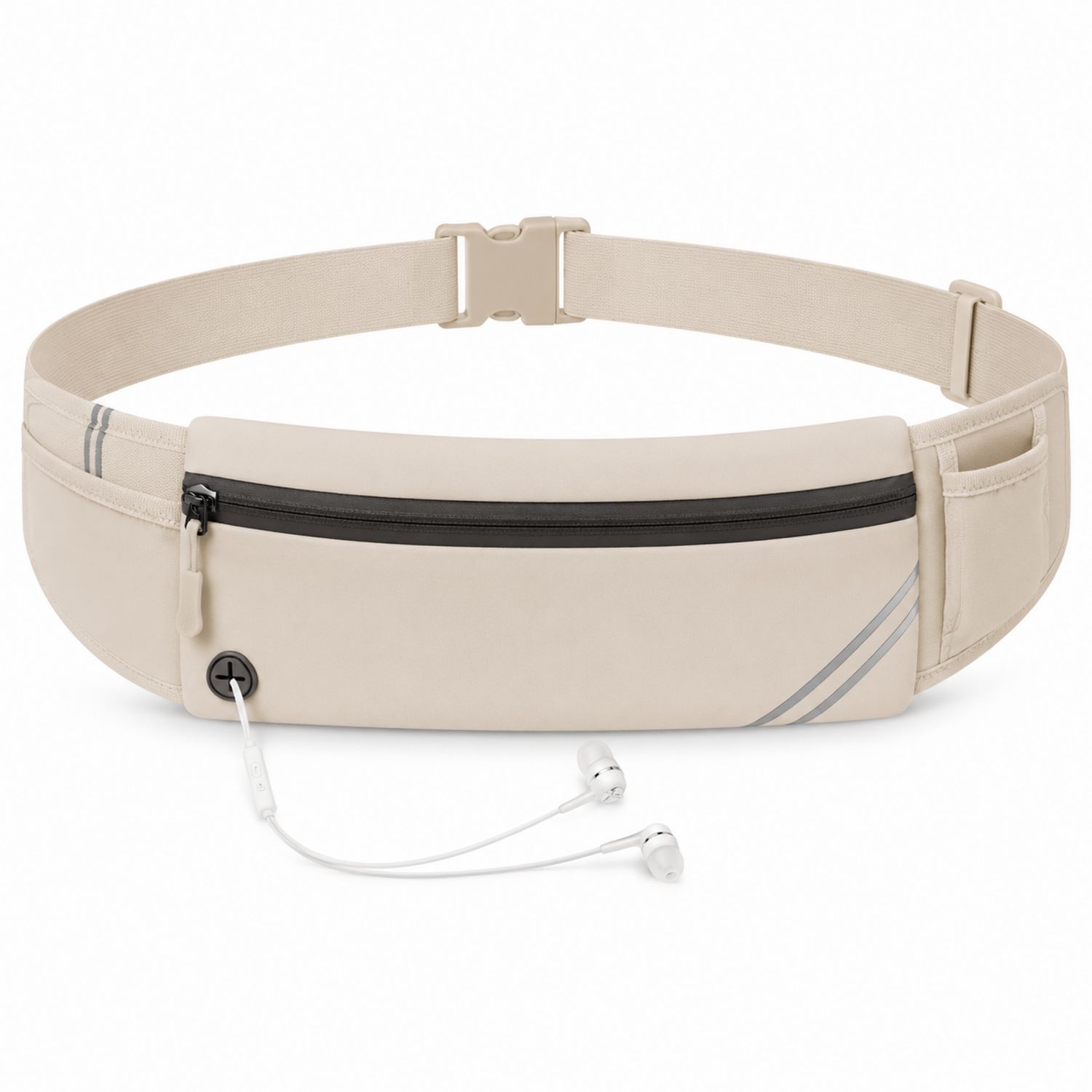 Riñonera Deportiva Beige con Salida para Auriculares y Detalles Reflectantes