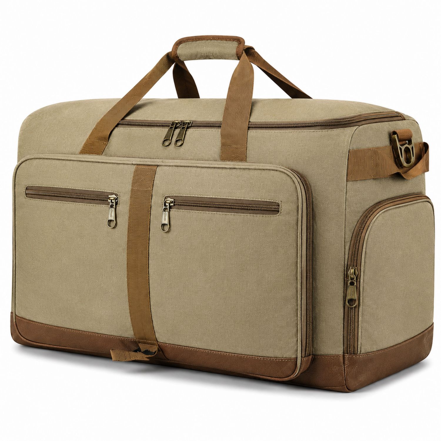 Bolsa de viaje grande beige con compartimentos y bolsillos exteriores