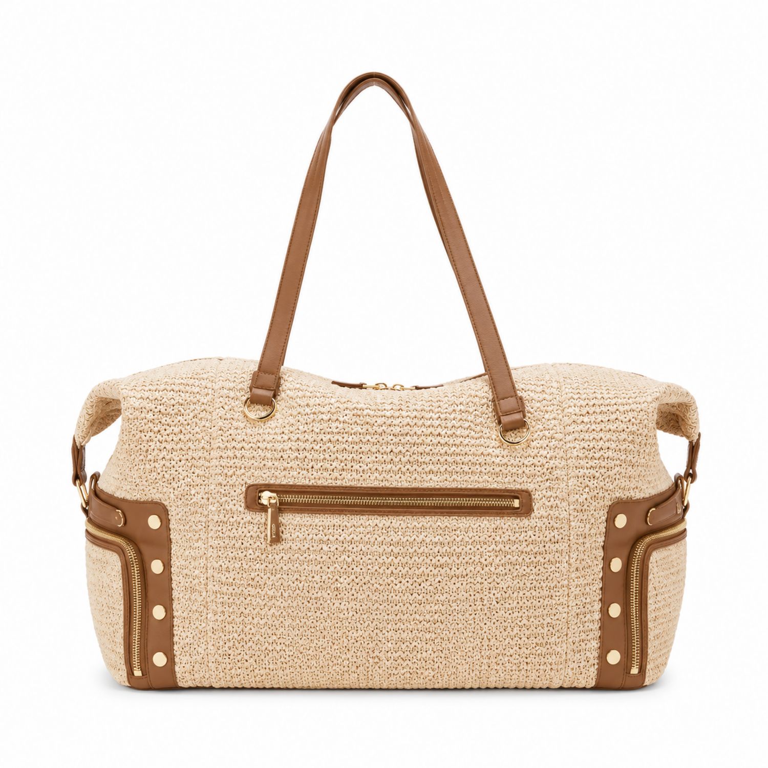Bolso de Mano de Paja Beige con Detalles de Cuero Marrón y Cremallera