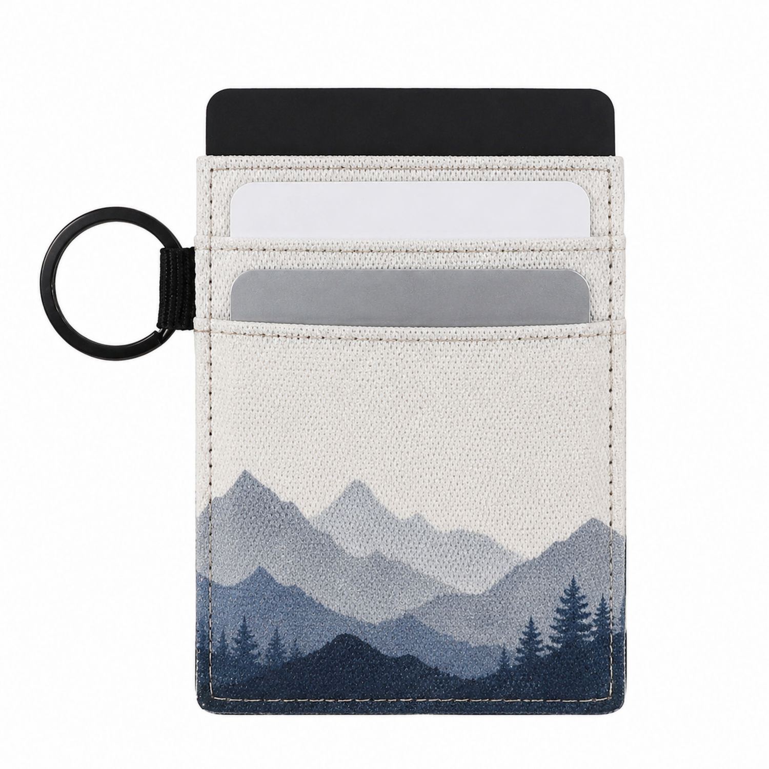 Tarjetero de Tela con Anillo y Diseño de Montaña Azul y Gris